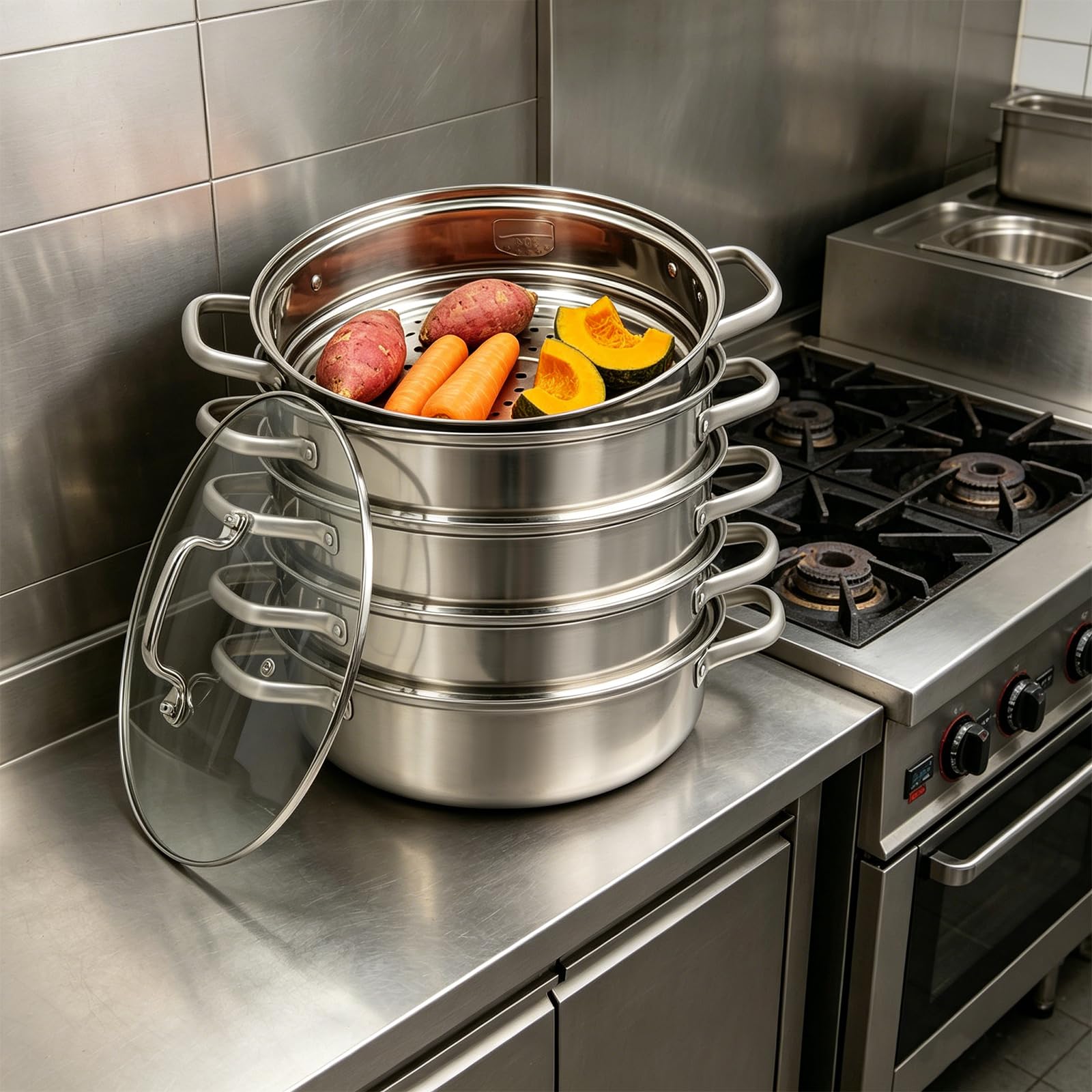 Dampfkochtöpfe mit Deckel - 28cm Edelstahl-Dampfkochtopf, mit 4 Dampfkorb Können 5-Stöckiger Dampfgarer zum Garen von Gemüse, Meeresfrüchten, Suppen, Eintöpfen und Nudeln