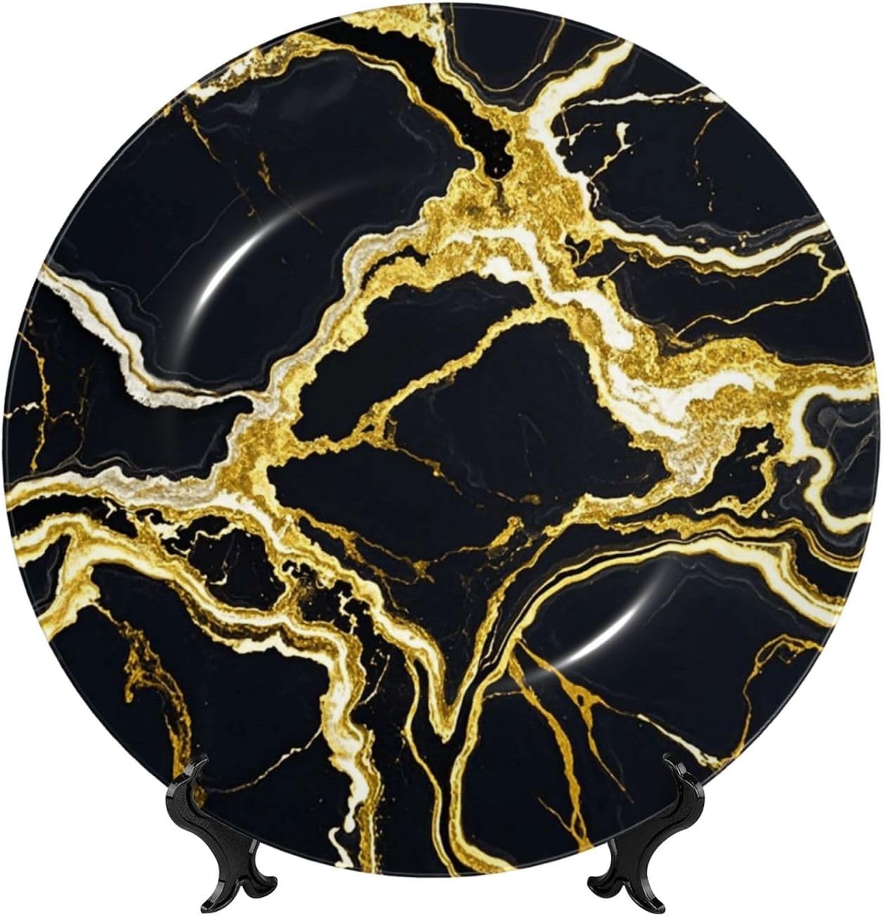 Bone China Decorative Plate with Display Black gold marble texture Ceramic Plates Crafts Art Decor Dessert Plate Ceramic Ornament Porcelain Plates for Living Room Kitchen Table Home Decor