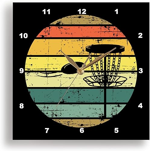 3dRose Wall Clock Silent - 15 inch - Black disc Golf Basket with disc Over Retro Striped Circle on Black. - Stamp City - Typography - disc Golf