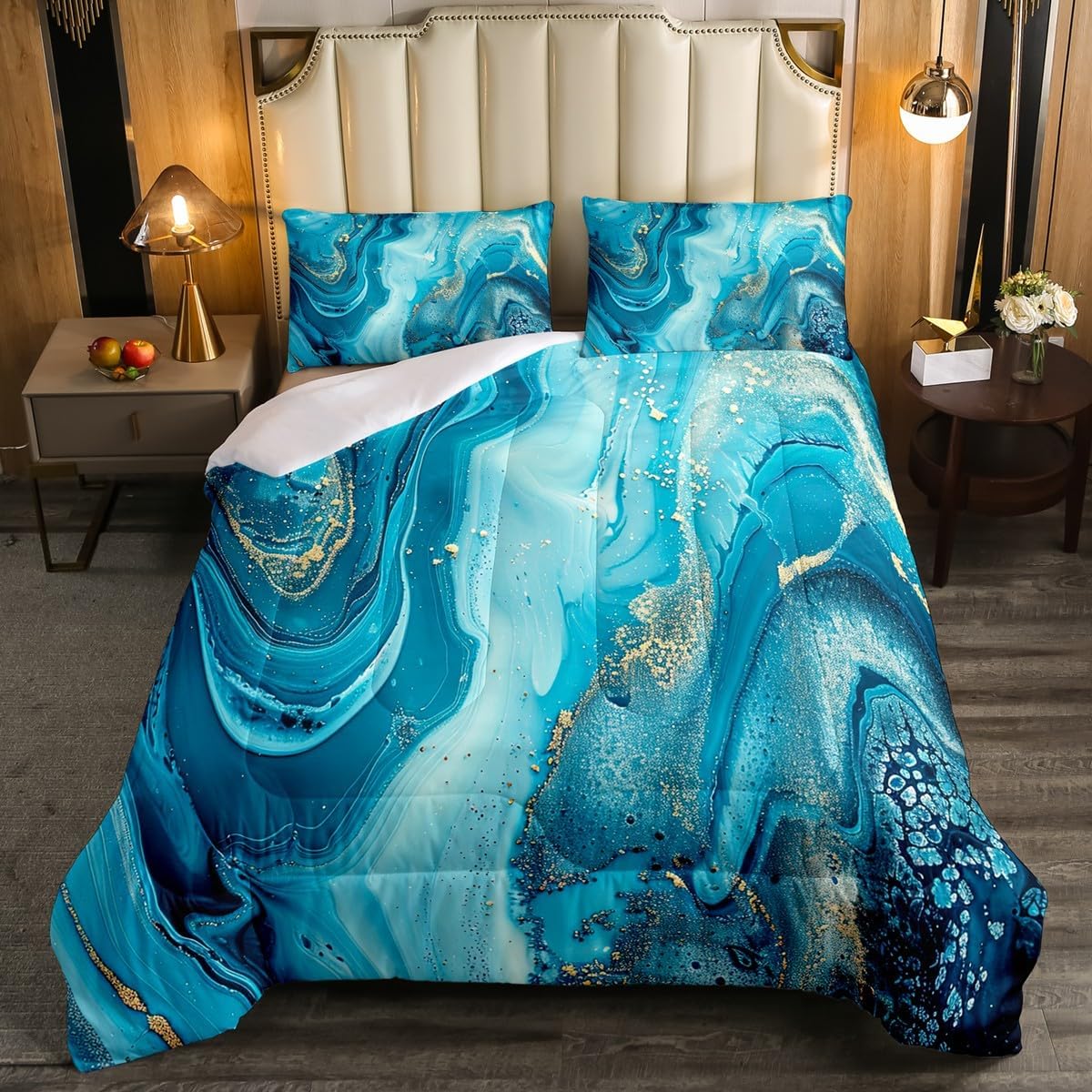 Erosebridal Marble Comforter Set,Teal Blue Marble Down Comforter Gold Liquid Quicksand Design Quilted Duvet,Turquoise Decorative 3 Piece Bedding Set with 2 Pillow Shams,King Size - Image 4