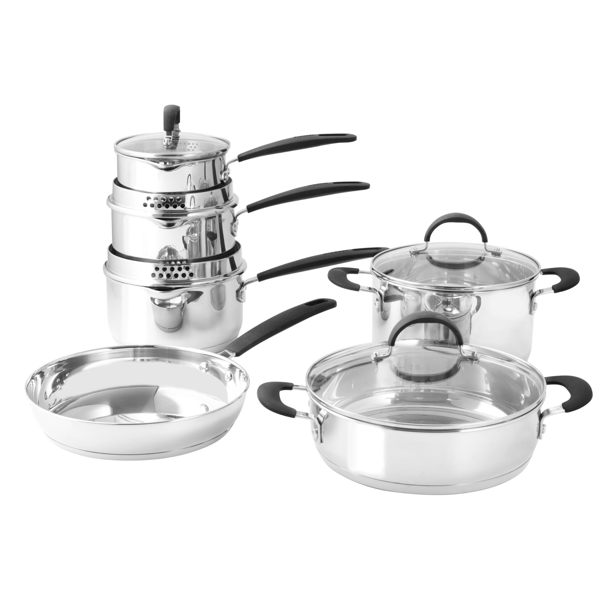 ProCook Gourmet Stainless Steel Cookware Set - 6 Piece, 14/16/18/20/24 cm, 1/1.7/2.4/3.2/3.7 L, Induction Compatible Pans with Stay Cool Handles - Uncoated Saucepan Frying Pan & Stock Pot Set