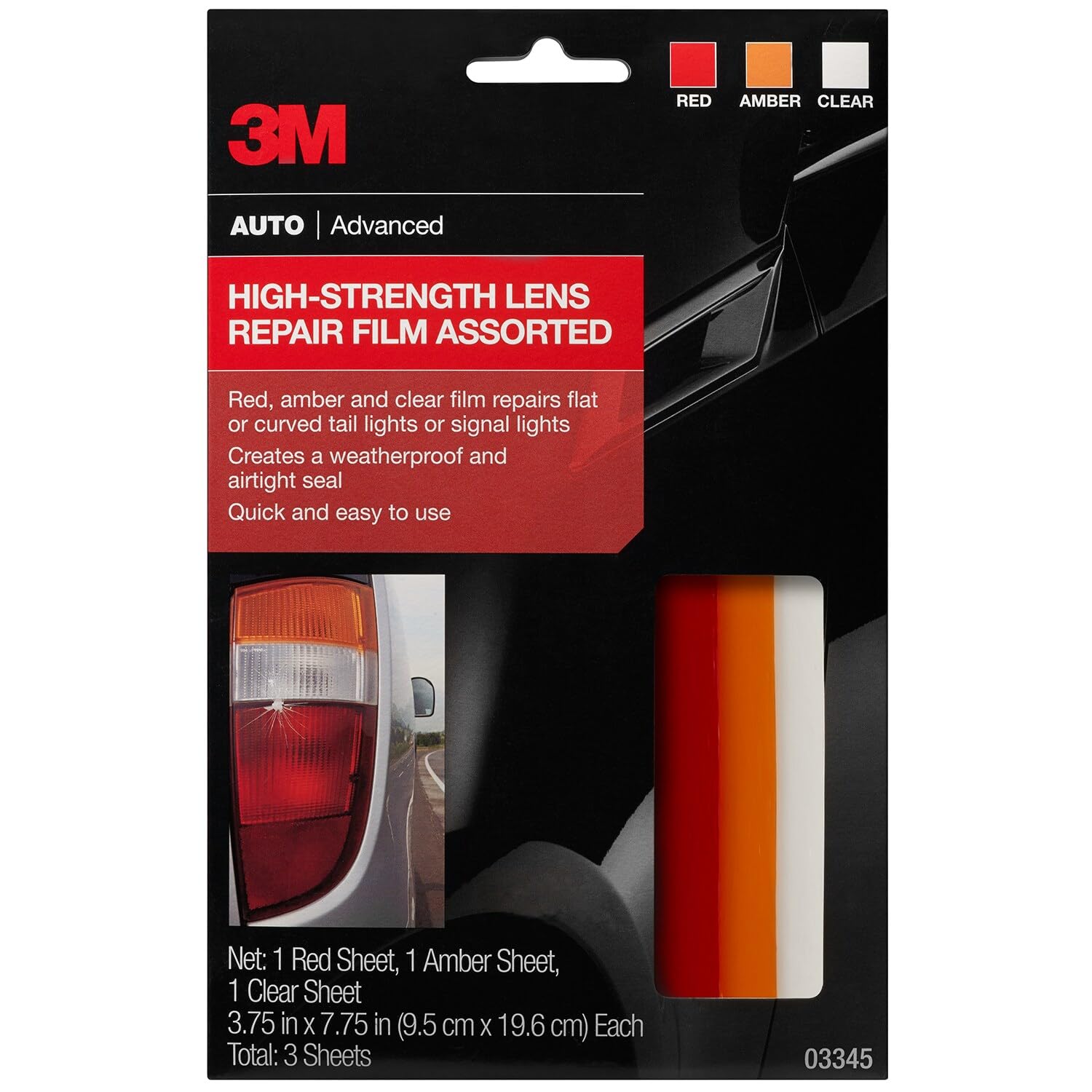 3M Auto High-Strength Lens Repair Film, 3.5 in x 7.75 in, Assorted Sheets: Red / Amber / Clear, Weatherproof & Airtight Seal, Flexible Film Repairs Flat or Curved Lenses on Truck & Car Lights (03345)