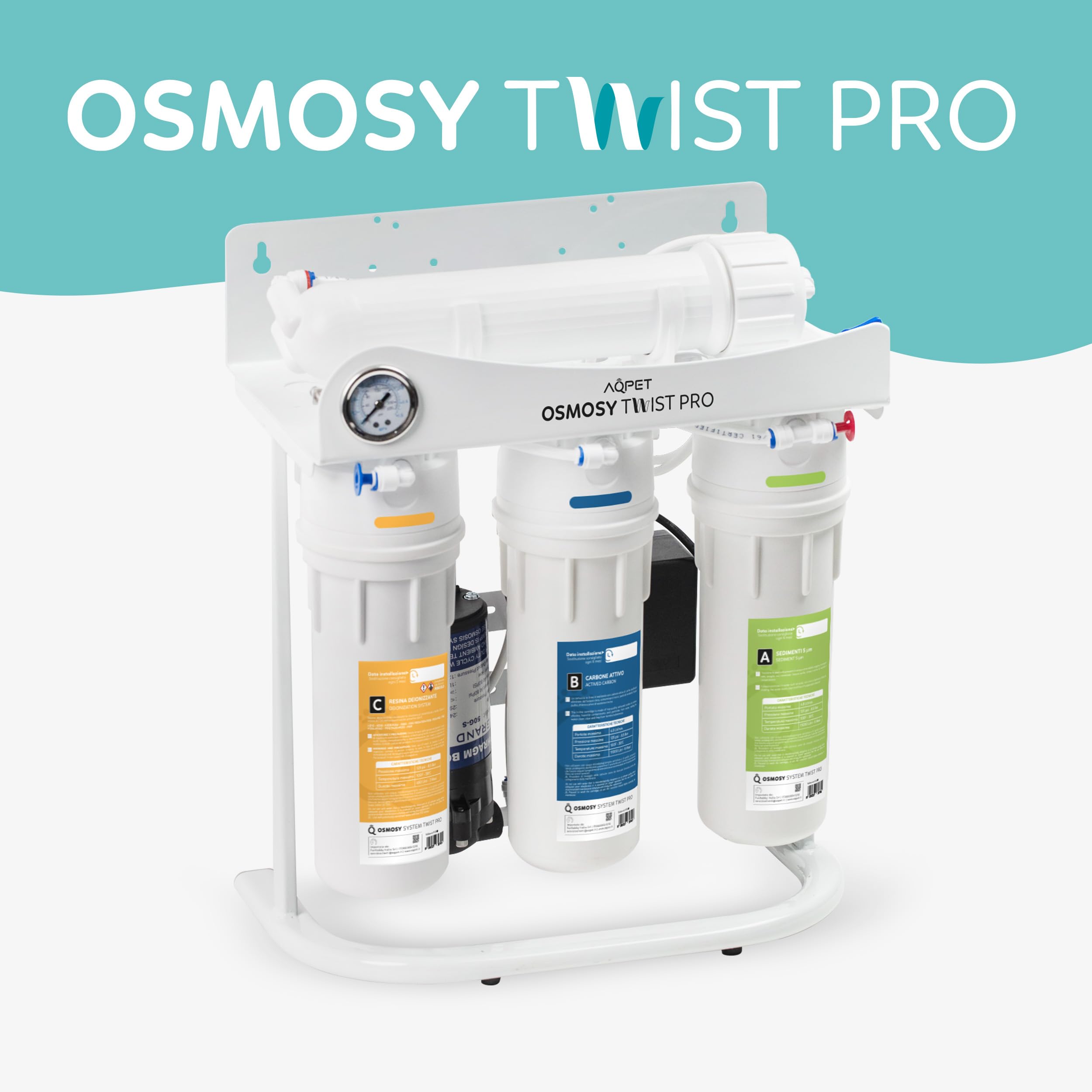 AQPET Impianto Osmosi Inversa 270 L/Giorno Professionale Twist PRO con Membrana Vontron, Sistema Twist a Sgancio Rapido, 4 Stadi con Resina Deionizzante, Flush Valve, Manometro e Predisposizione TDS