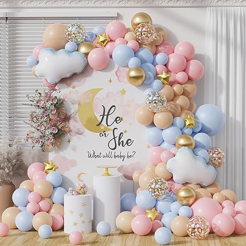 Kit de arco de guirnalda de globos de nube de revelación de género, 151 globos de confeti rosa pastel y azul para él o ella para revelar el género,