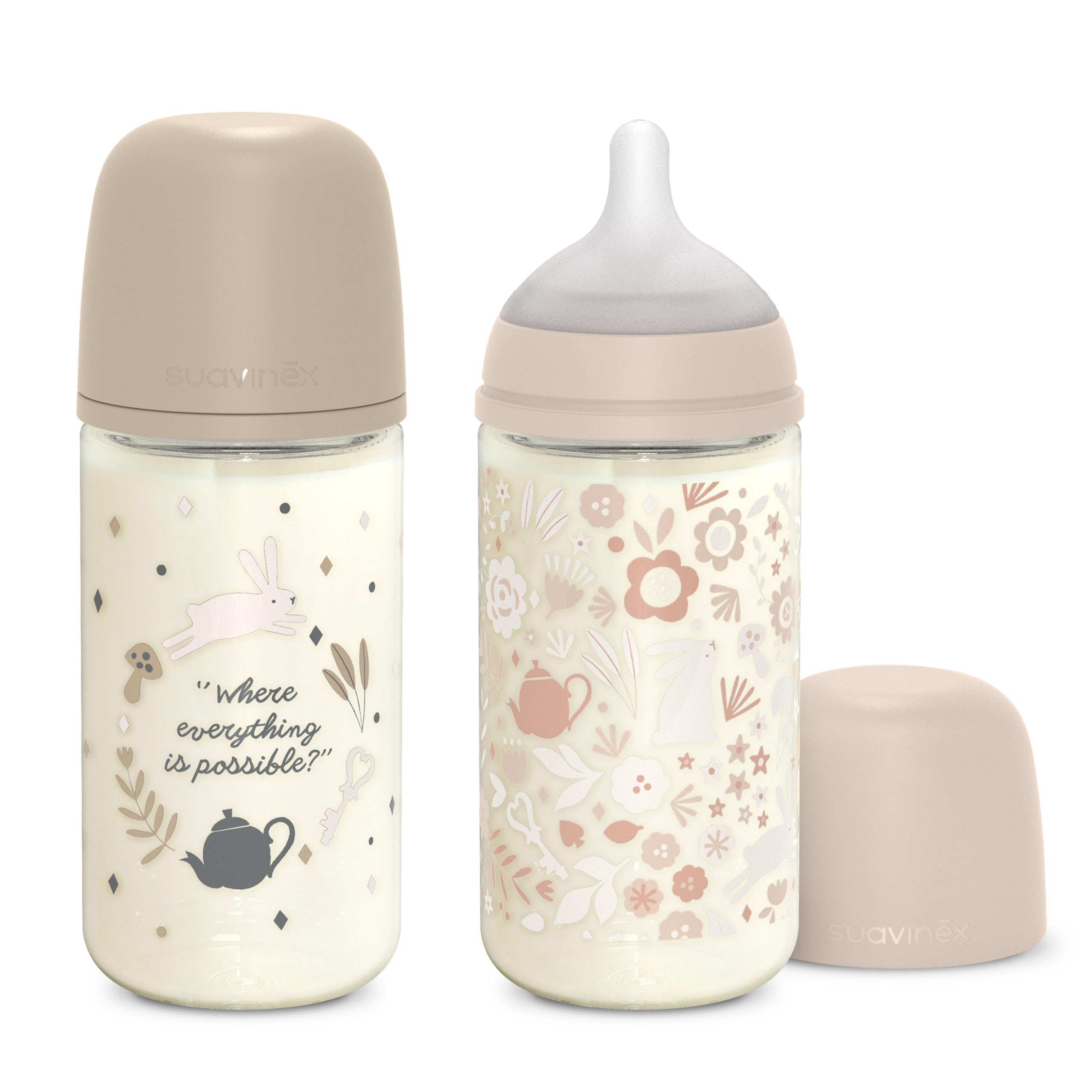 Suavinex, Confezione Biberon in Vetro da 240 ml. SX Pro Biberon simmetrica in silicone, Anti-colica, Biberon a flusso medio (M), Per bambini +3 mesi, Wonder Rosa, Beige