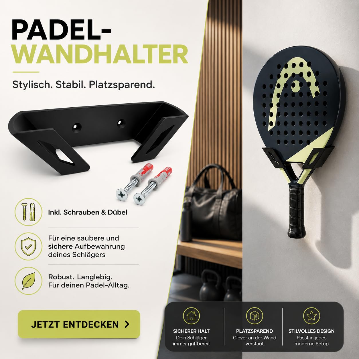 Padel Schläger Wandhalterung/Halter– Schwarzer Wandhalter, platzsparende Halterung für Padel Schläger, stabile Wandmontage für Zuhause, Garage, Sportzimmer & Verein