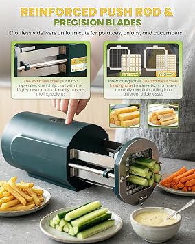 Electric French Fry Cutter with 1/2&3/8 Stainless Steel Blades | Professional potato cutting machine with custom tray, automatic efficient vegetable dicer for carrots, zucchini, apple&onion