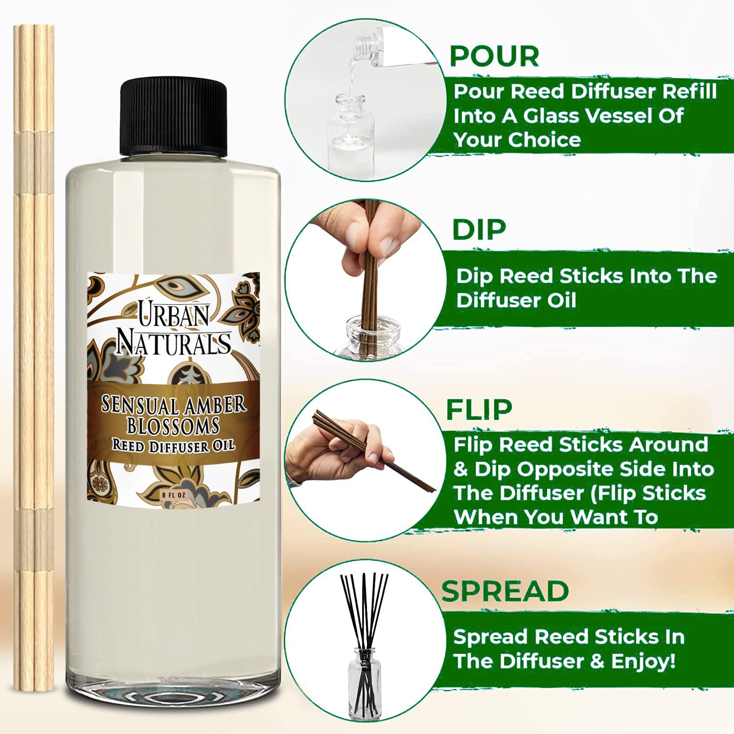 Urban Naturals Sensual Amber Blossoms - Recambio para difusor de varillas de aceite esencial | Tamaño grande de 8 onzas | Incluye un juego de varillas de caña gratis. Fabricado en los Estados Unidos