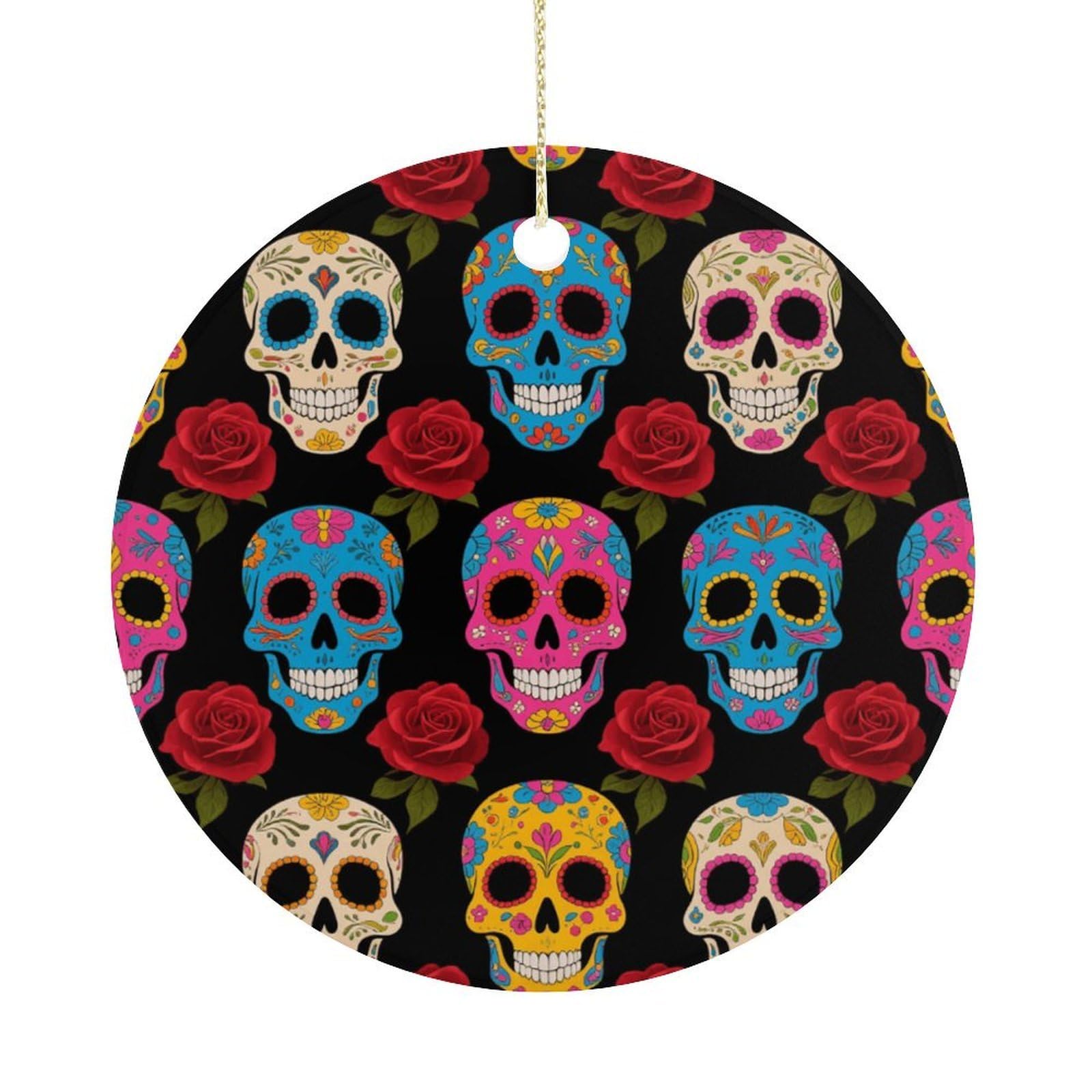 Personalized Christmas Ornaments 2025 Ceramic Hanging Sugar Skulls Ornaments with Gold String Double-Sided Vintage Holiday Decorations for Tree Mantel Tabletop Xmas Party Favors