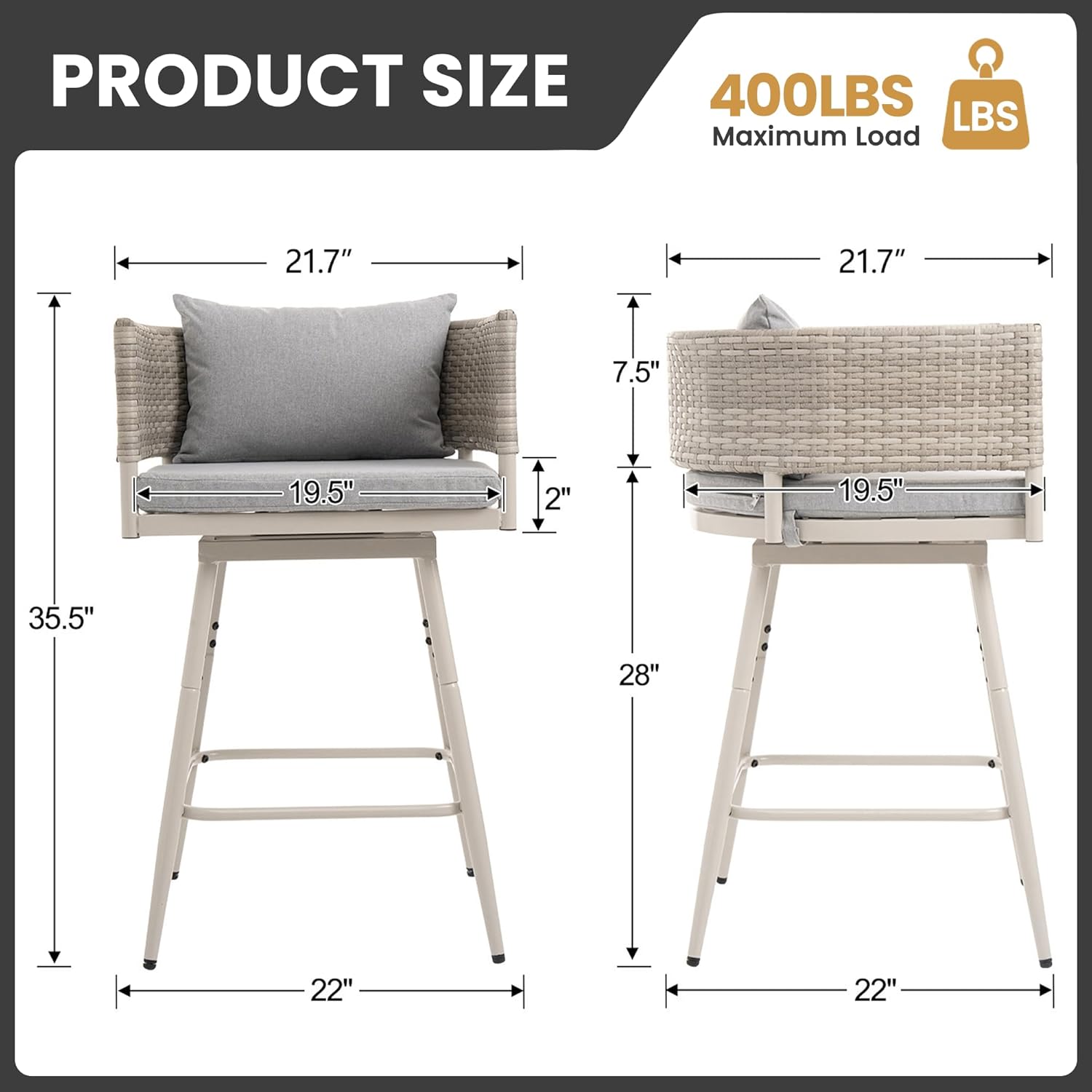 Outdoor Swivel Bar Stools Set of 4, Modern Patio Counter Stools, All-Weather Outdoor Bar Chairs with Armrests for Backyard, Balcony, Poolside & Outdoor Entertaining, Grey