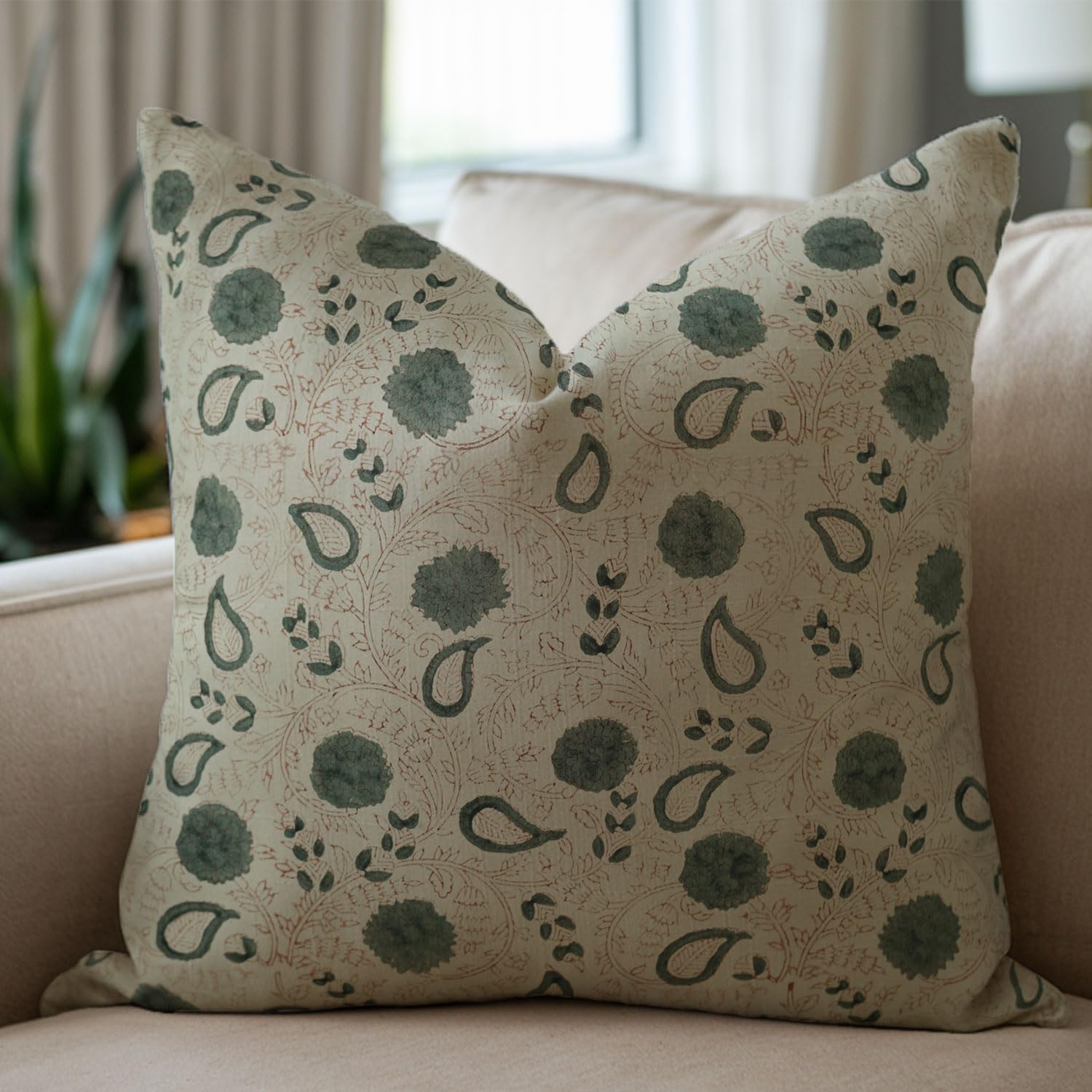 Handmade Block Print Cotton Satin Decorative Throw Square 26X26 Inch Pillow Cover with Hidden Zipper for Couch, Sofa, Bed, Thanksgiving, Summer, Spring Season, Fall Decoration, Gopy, Grey