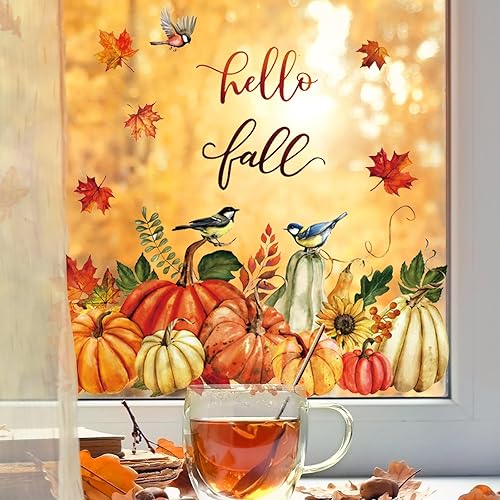 Miniatura 5 de Whaline 9 hojas de calcomanías coloridas de doble cara para ventana de otoño, Acción de Gracias, pájaro, calabaza, hoja de arce, calcomanías