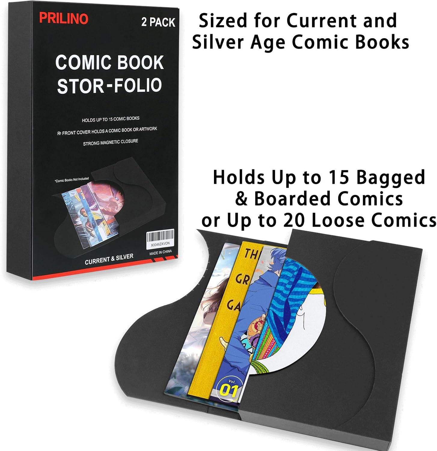 2-Pack Black Comic Book Stor-Folio - Storage Box for Current and Silver Age Comics, Portable Folio With Strong Magnetic Closure, Ideal for Conventions