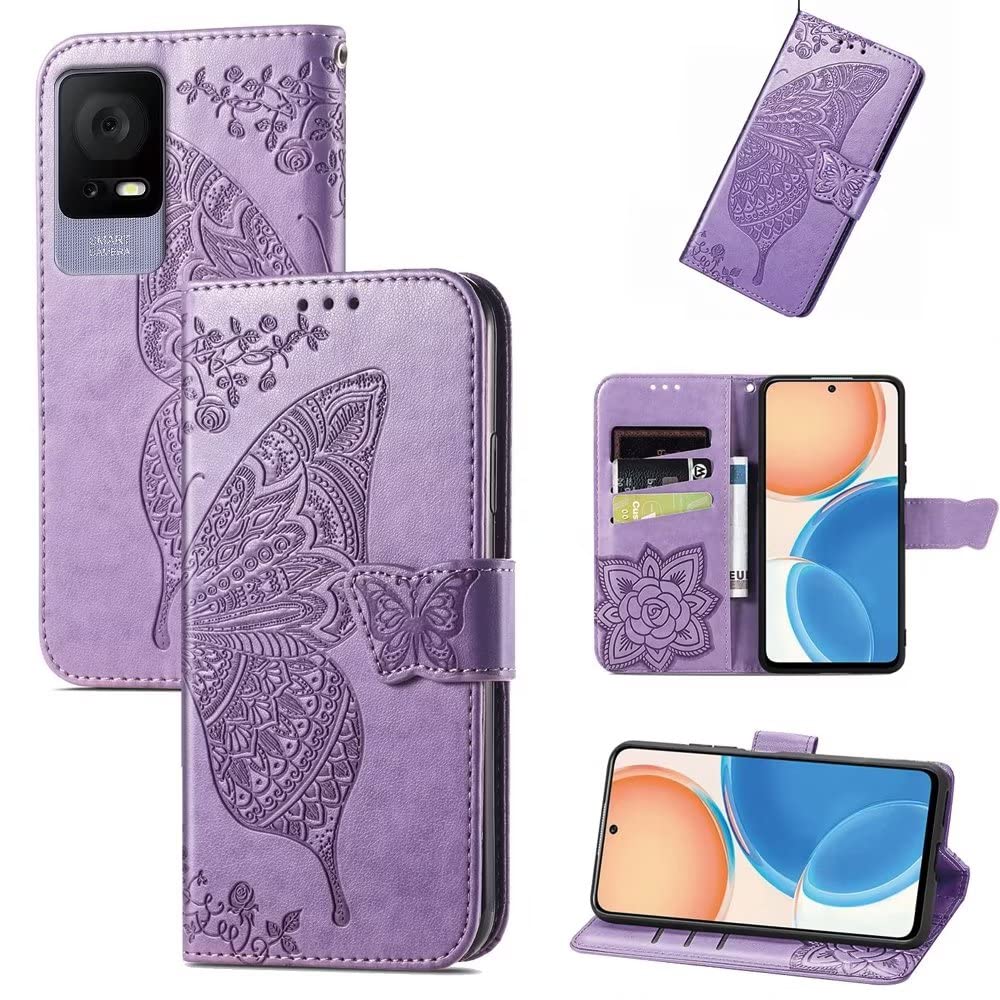 Custodia A Libro Con Farfalla Per TCL 405/406 – PU Pelle Con Portafoglio, Slot Carte E Supporto – Viola Chiaro - 4