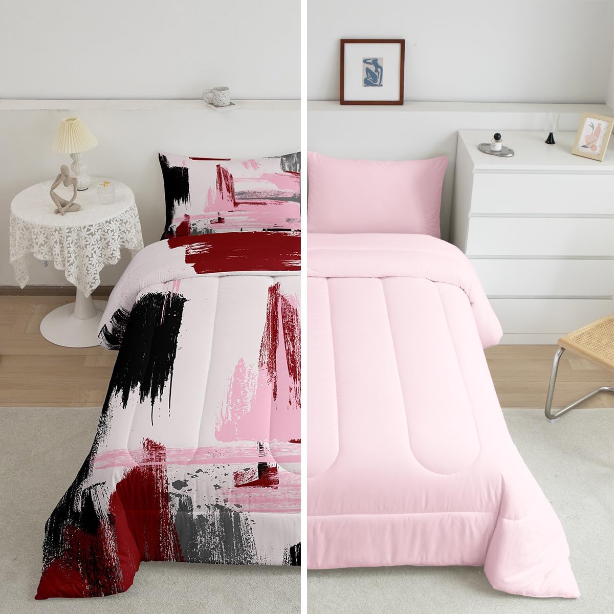 Erosebridal Abstract Comforter Set King,Modern Pink Red Black Bedding Set for Girls Boys Adult,Watercolor Ombre Bed Set,Oil Painting Style Duvet Set,Contemporary Art Reversible Quilt Comforter 3Pcs