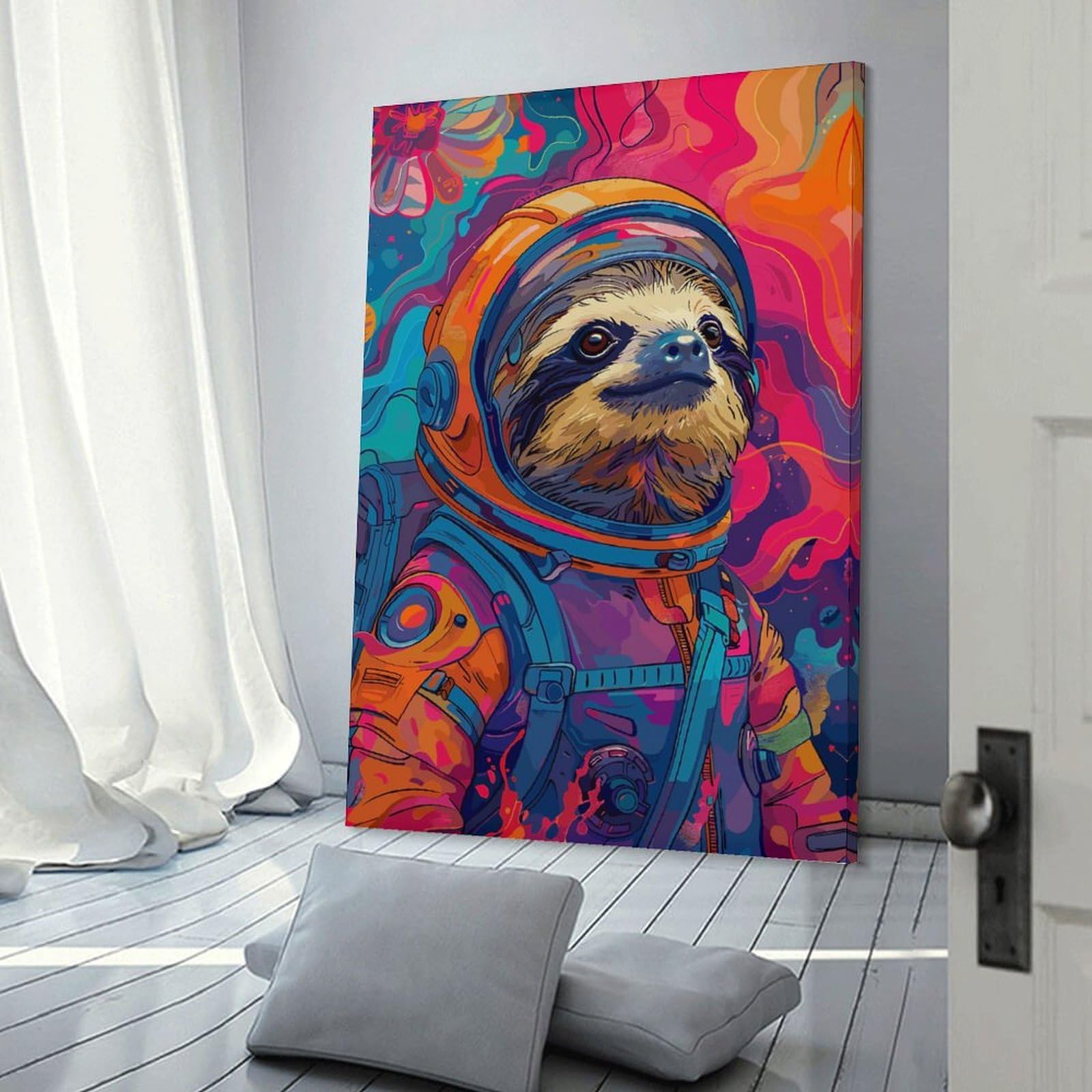 Junmoney Astronaut Sloth Space Canvas Wall Art 16x24inch(40x60cm), for Home Lounge, Bedroom Or Reading Nook, Eye Catching Artwork for Blank Walls