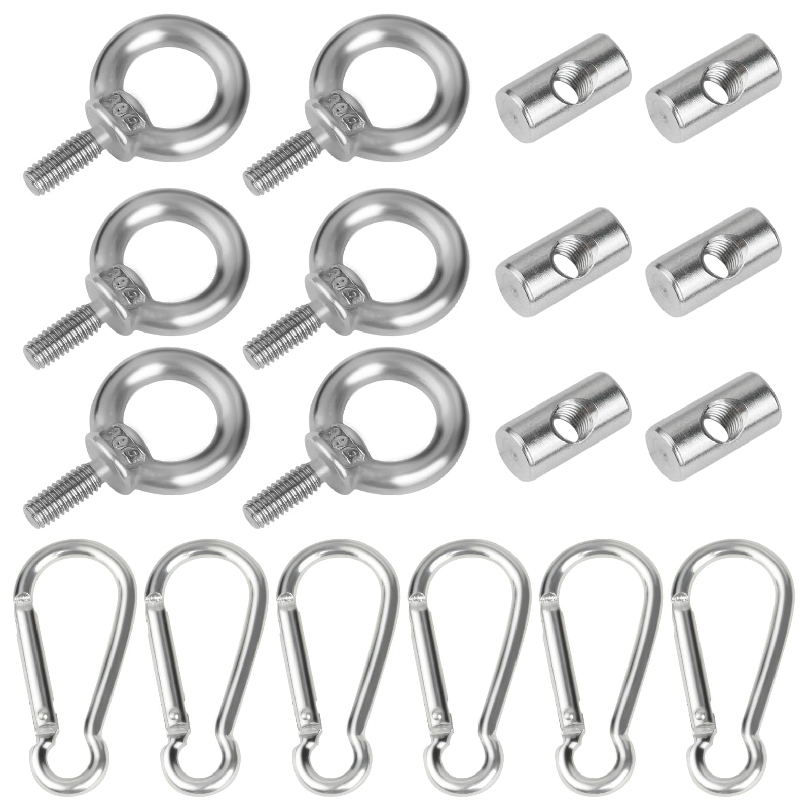 Awning Rail Stoppers, 6 PCS Stainless Steel Awning Piping Stopper 6 mm with 6 Carabiners, Multi-Function Awning Rails Hooks Lifting Eye Nut Ring M4 Blocking Kit for Caravan Campervan Motorhome