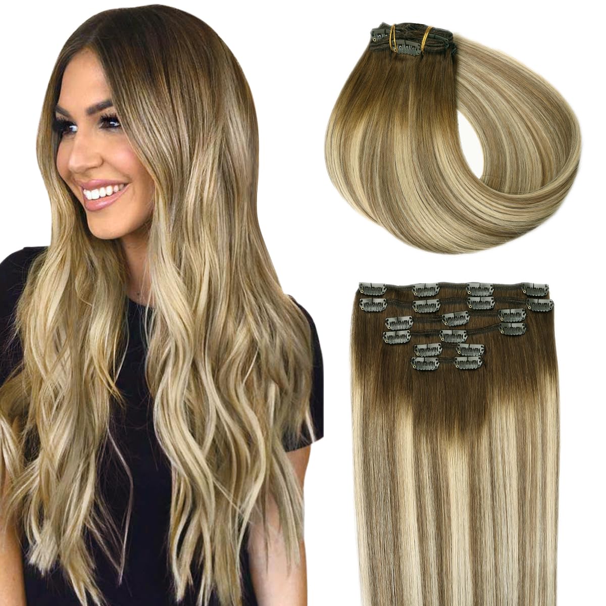 SURNEL Clip in Extensions Real Human Hair Balayage Clip in Hair Extensions 16 Inch 6pcs 100g Walnut Brown to Ash Brown and Golden Blonde Human Hair