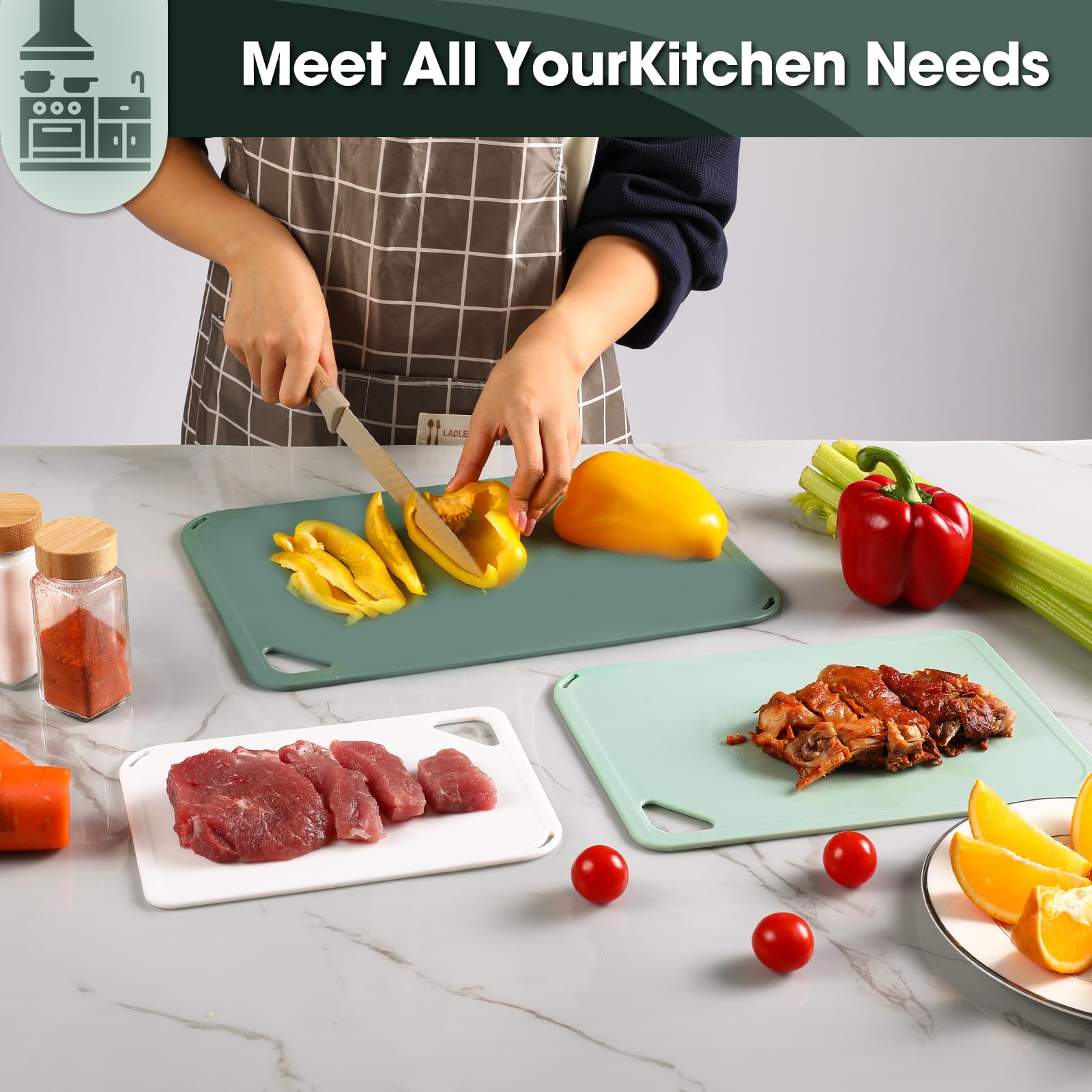 VZZNN Juego de 3 tablas de cortar de plástico, sin BPA, aptas para lavavajillas, para cocinas, carne, pescado, verduras y más accesorios de cocina