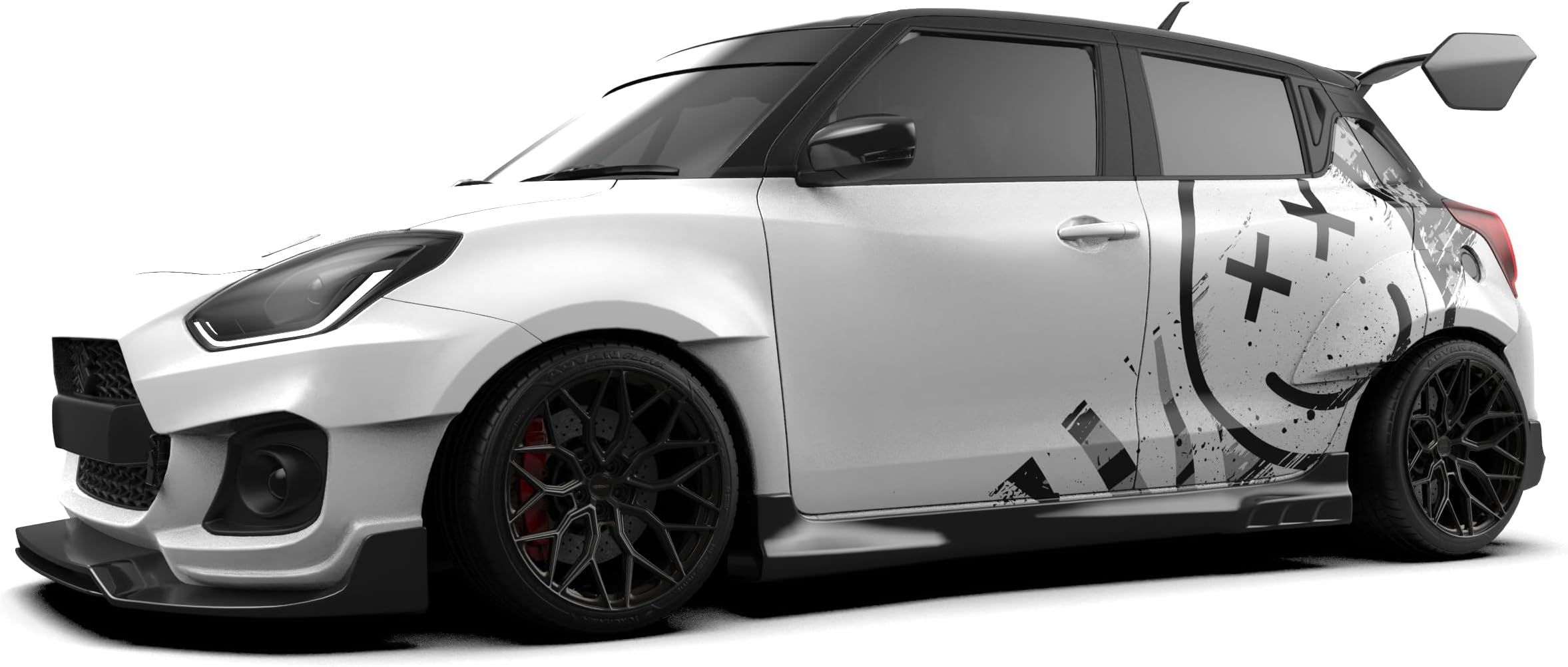 - White Car Partial Wrap Collection – Compatible with Suzuki Swift 2011–2025 | Clear Printed Automotive Vinyl Graphics Kits | Multiple Designs Available (Grunge Smiley)