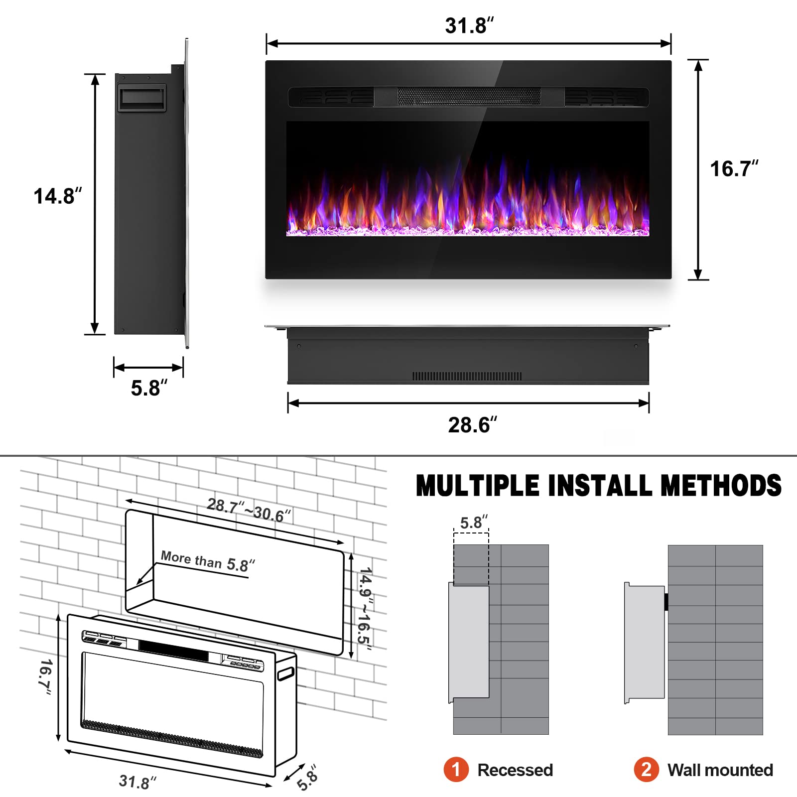 31 Inch Electric Fireplace, Recessed and Wall Mounted Fireplace