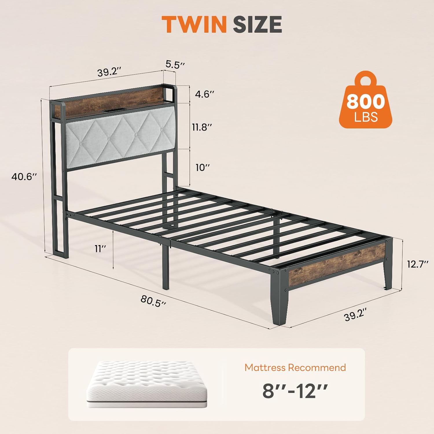 Sweetcrispy Twin Bed Frame with Headboard, Storage Headboard with USB Charging Station, Durable Squeak-Free Frame, Simple No-Tool Assembly,Works with Twin Mattress No Box Spring Needed