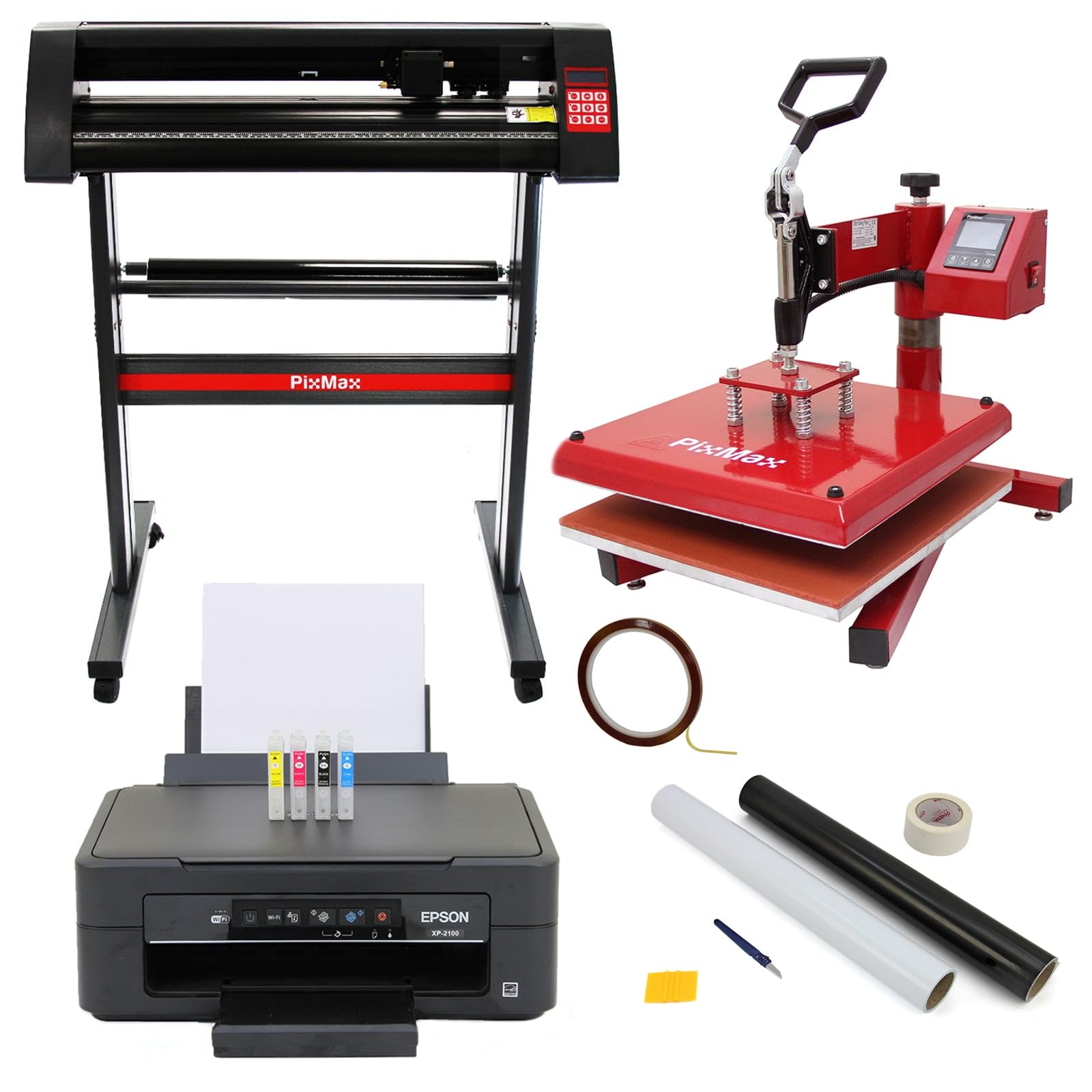 Bundle creativo PixMax con pressa a caldo swing 38cm, plotter da taglio vinile 720mm, stampante Epson per sublimazione e kit spellicolatura completo