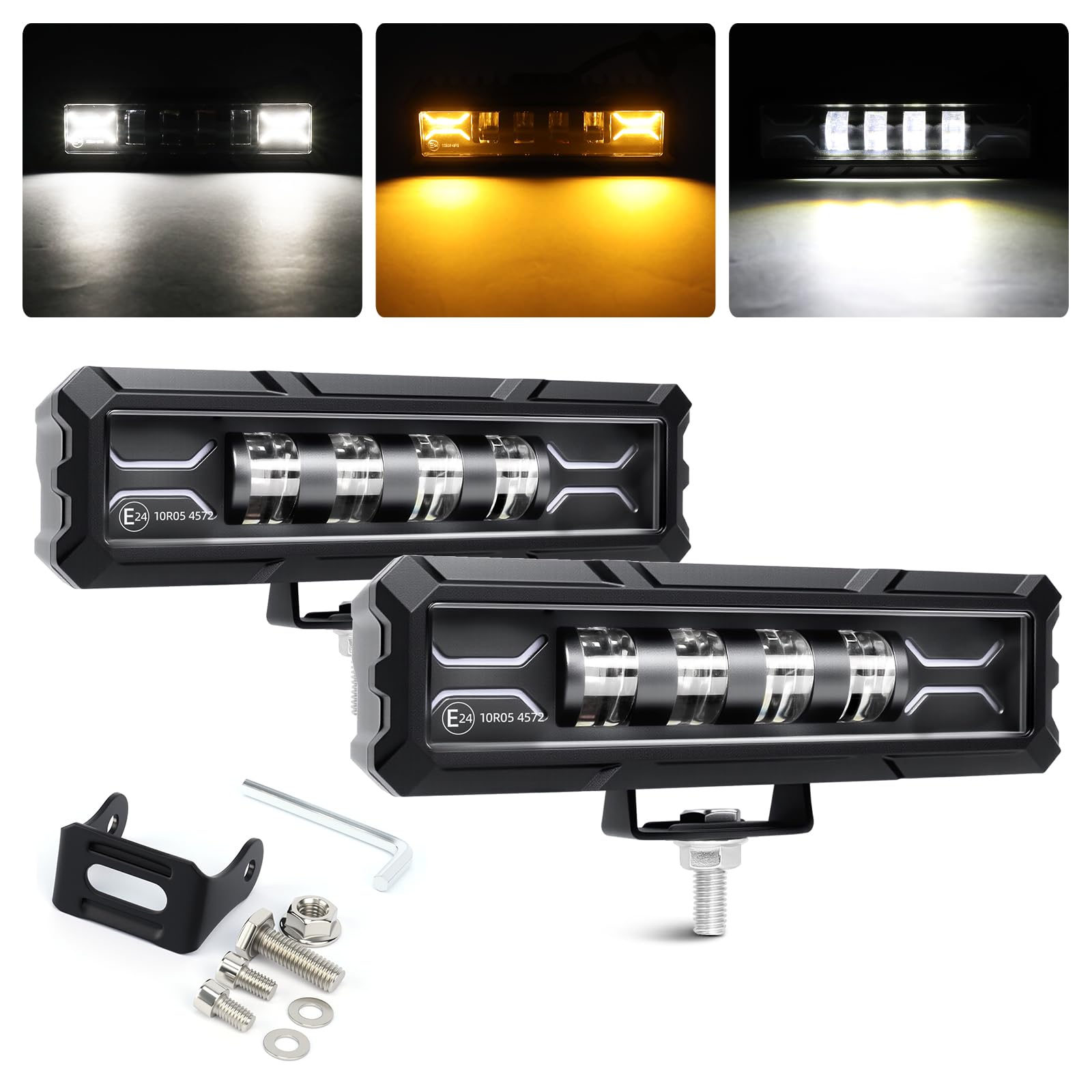 BraveWAY 2PCS Phare de Travail LED 12V 24V 6" 36W E24 Barre Rampe 4x4 Avec feux de jour blancs et clignote ambre Longue Portee LED pour 4x4 Moto Off-road Voiture Camion Tracteur SUV ATV