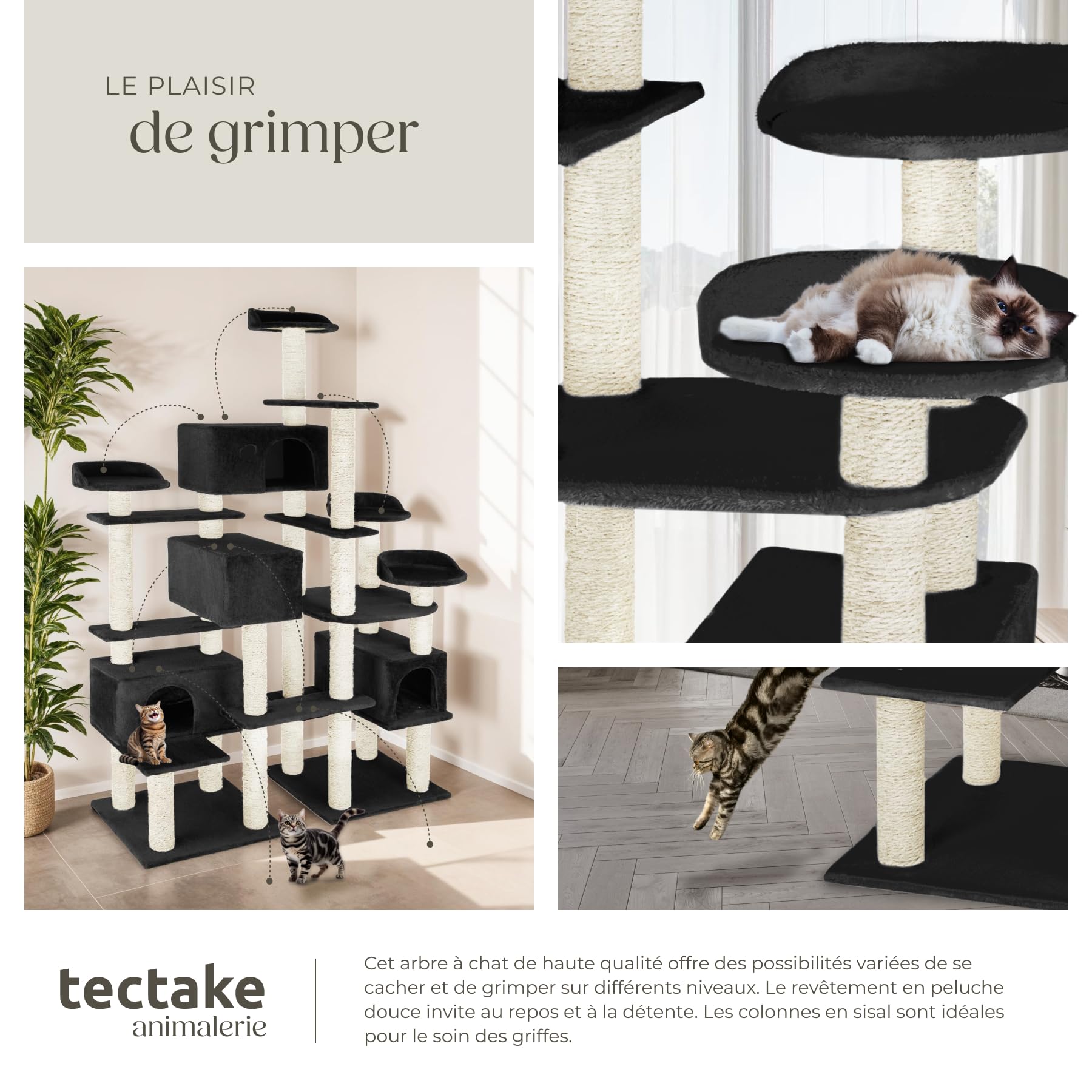 tectake® Arbre à Chat XXL Griffoir 214 cm, 4X Maison pour Chats 4X Lit pour Chat Jeux Appartement Accessoire Chats avec Couchage Grattoir Chat Etagere