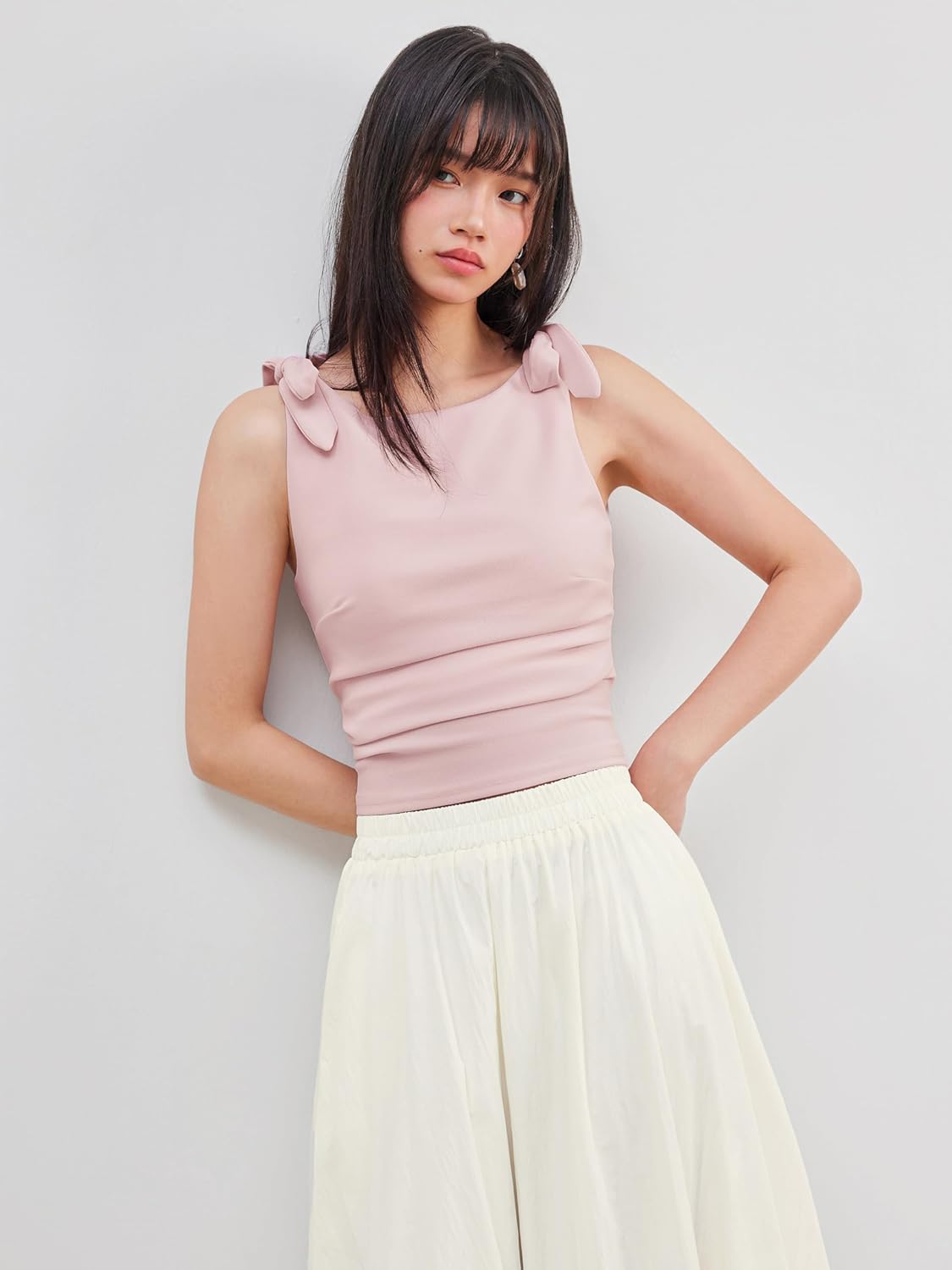 CIDER Crop Tank Tops for Women Bowknot Ruched Solid Scoop Neck Sleeveless Fitted Tops - Image 5