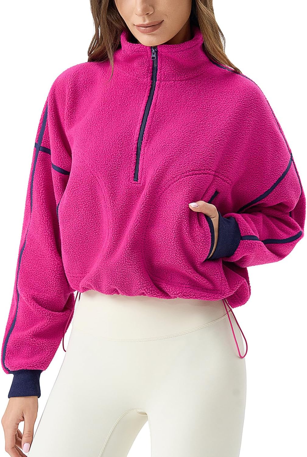 QINSEN Women's Half Zip Fleece Short Pullover Sweatshirt Winter Long Sleeve Cozy Sherpa Sweater Top