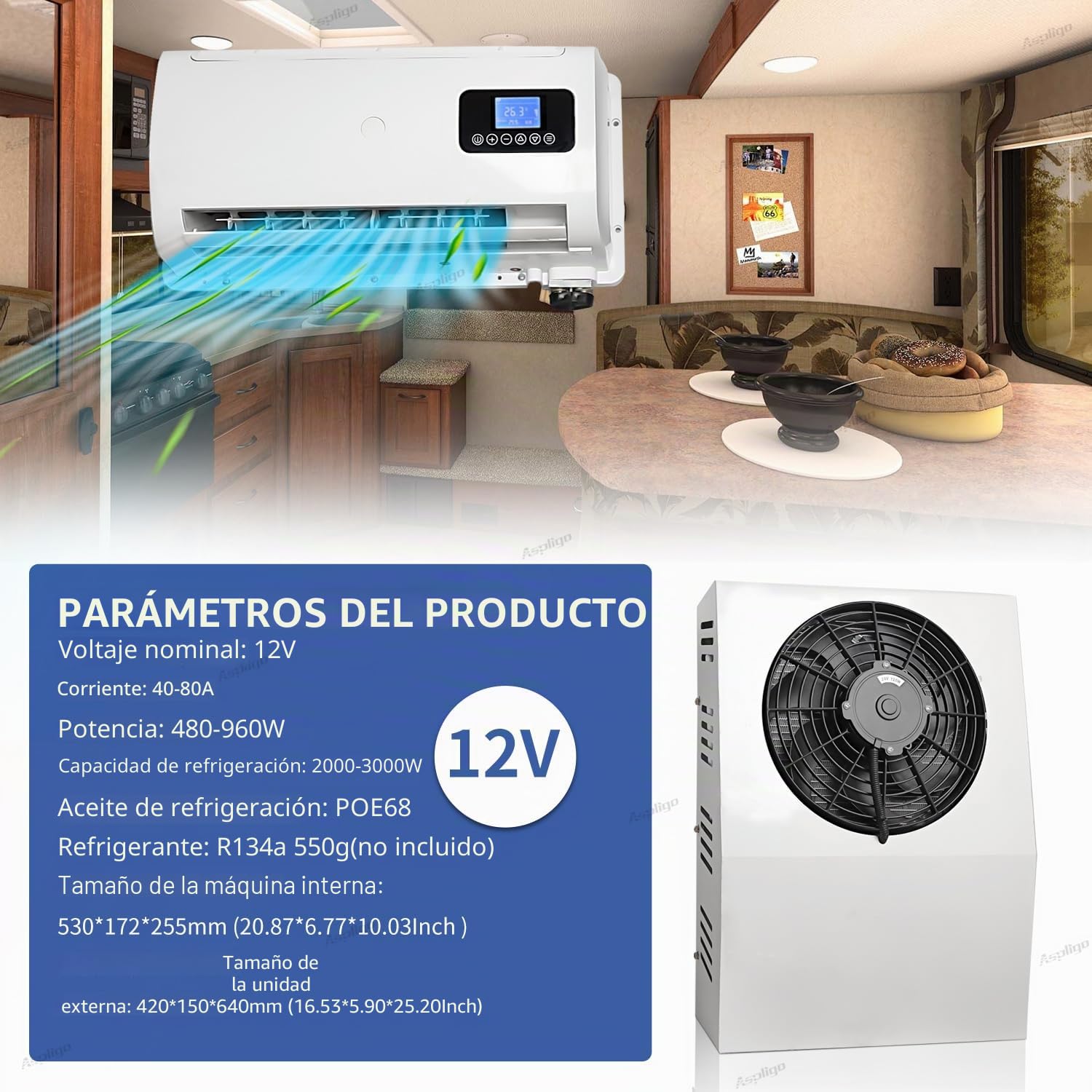 Aire acondicionado de 12 V para camión, furgoneta, 10000 BTU, mini aire acondicionado eléctrico split de 12 V, unidad de CA de 12 voltios para camiones articulados, autocaravanas, grúas, tractores