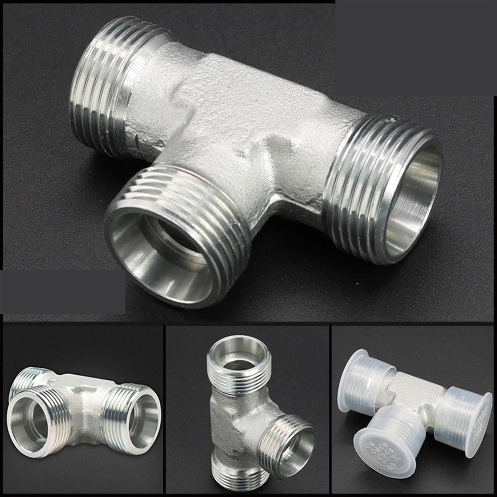 Conector en T de 3 vías Conector en T de Tubo Aceite con Casquillo Acero al Carbono, unión transición hidráulica Alta presión, Rosca Externa métrica(AC52)