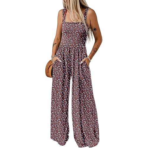 Dokotoo Women's Casual Loose Overalls Jumpsuits One Piece Sleeveless Printed Wide Leg Long Pant Rompers With Pockets