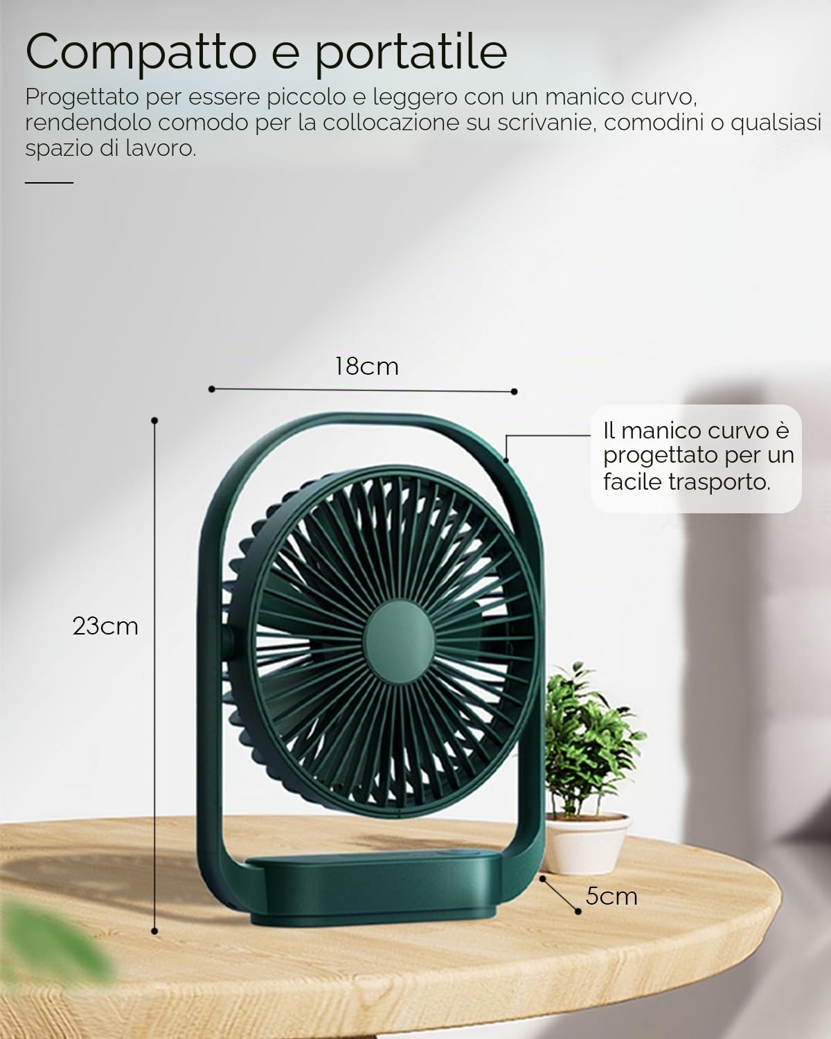 Ventilatore Ventilatore da Tavolo Silenzioso a 4 Velocità, Potente e Ricaricabile, Rotazione 330°, Luce Notturna
