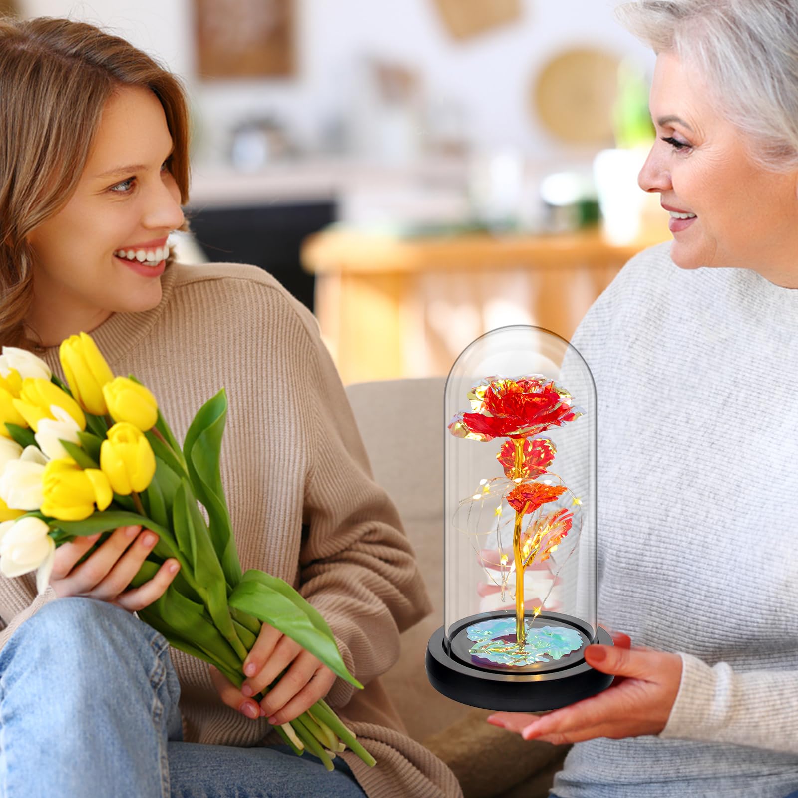 Rosa Eterna La Bella E La Bestia In Vetro Con Luci LED - Regalo Romantico Per Lei San Valentino