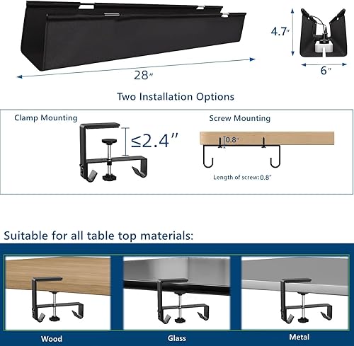 Miniatura 2 de Bandeja de organización de cables sin taladrar debajo del escritorio, 28 pulgadas de tela para organizador de cables, montaje en abrazaderatornillo,