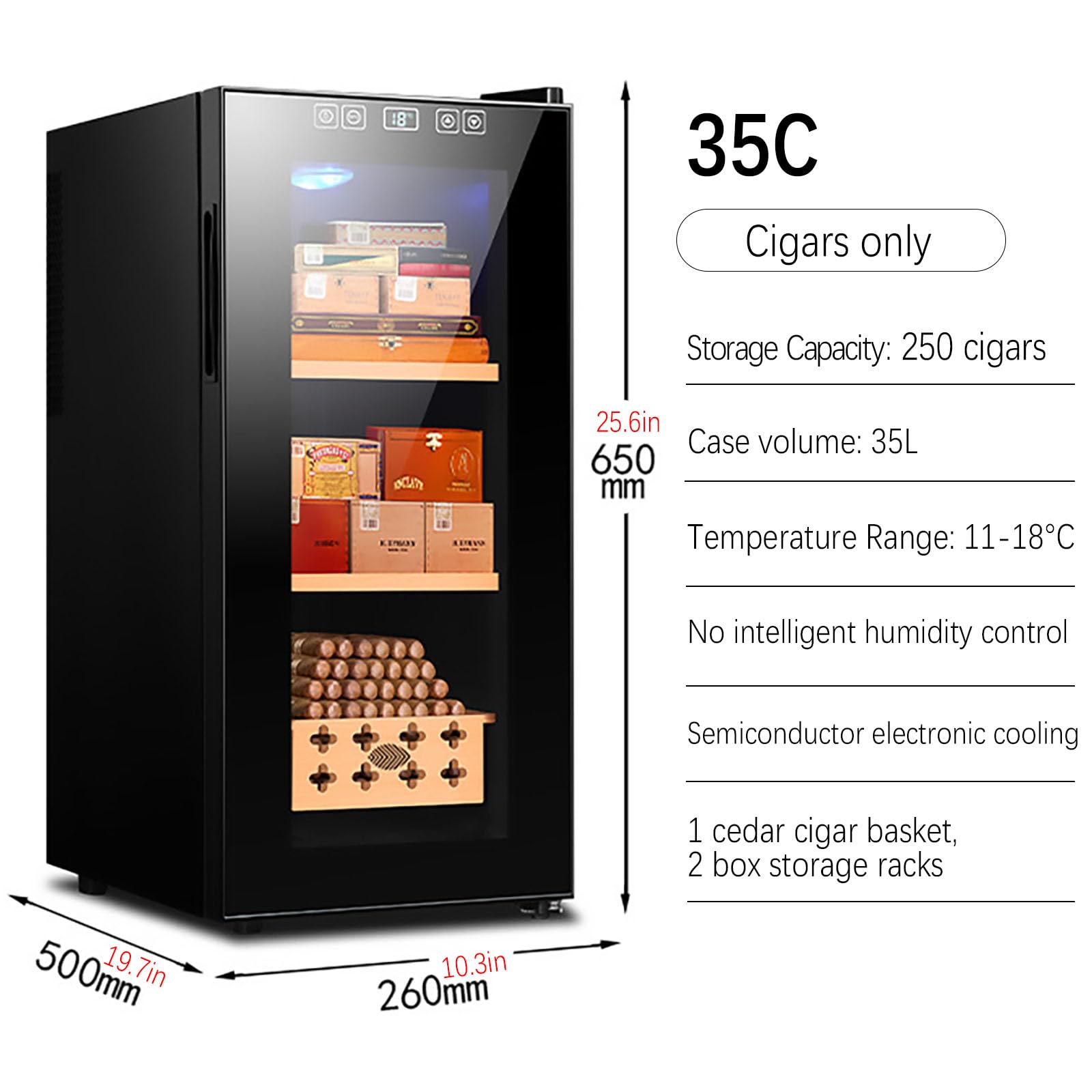Electric Cigar Humidor with Temperature Control 25-260 L Holds 150-1600 Cigars LED Warm Light Tempered Glass Door Temperature/Humidity Adjustable