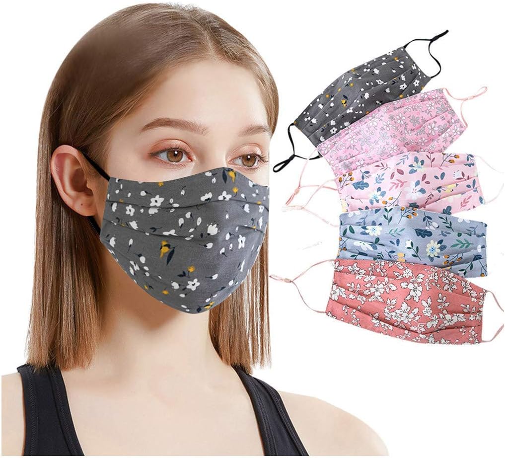 5PCS Women Cute Face_Cloth_Mask Protection Bandanas Adult Girls With Design Floral Print Adjustable Earloops Cotton Fabric Washable Reusable Skin Care Comfortable Breathable Outdoor Sports (5PC-A)