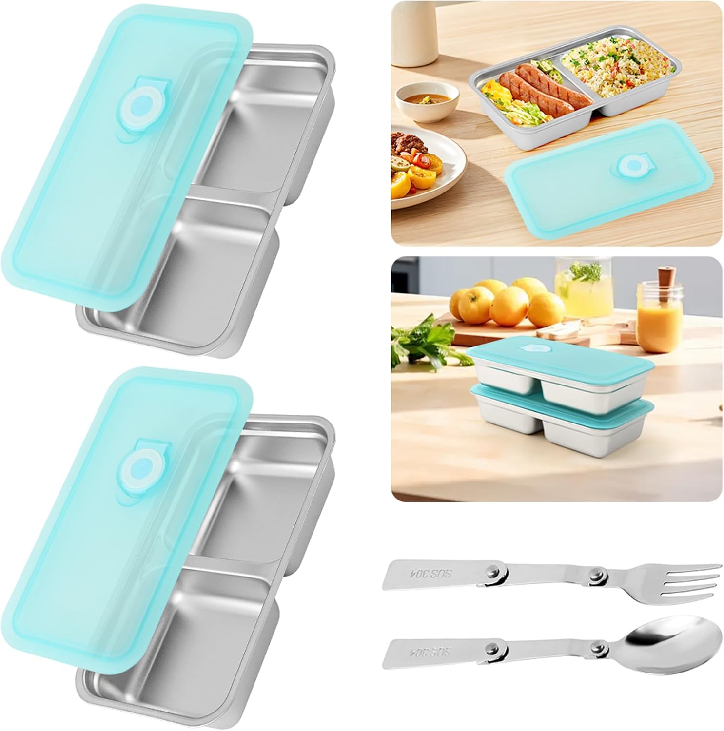 2pack Grab and Go Snack Containers Stainless Steel Snack Container Reusable Meal Prep Containers with Lids Double Compartment Food Storage Container for Travel(COLOR:blue) - Image 3