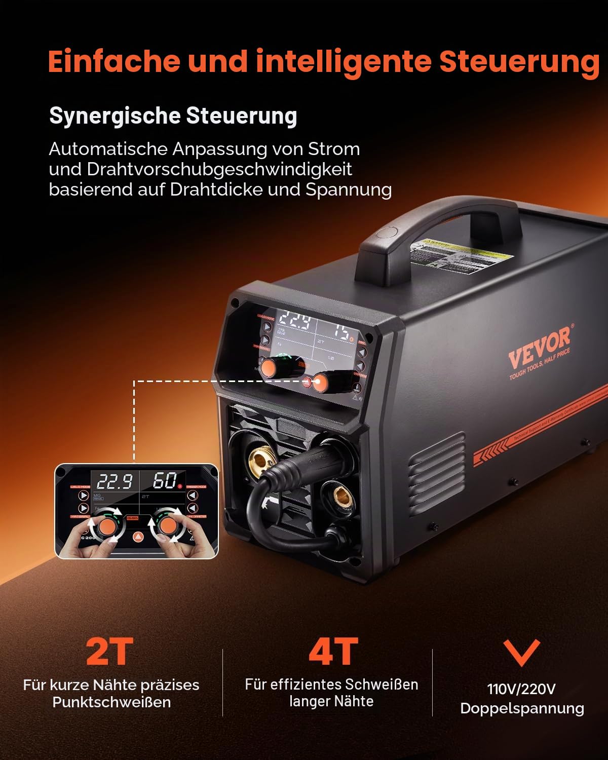 VEVOR MIG-Schweißgerät, 200 A synergetische MIG-Schweißmaschine, 4-in-1-Gas-MIG/Flux Core-MIG/Stick/Lift-TIG-Mehrprozess-Welder mit IGBT-Wechselrichtertechnologie und LCD-Bildschirmanzeige