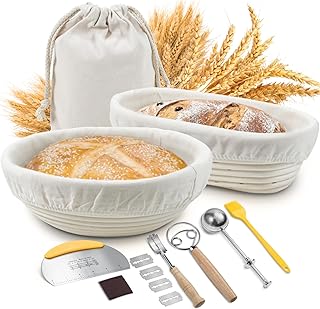Sourdough Proofing Basket Set, Sopito 9 Inch & 10 Inch Cane Banneton Proofing Baskets with Cloth Liner, Basting Brush, Dough Whisk, Bread Lame with Blades & Sheath, Flour Duster, Storage Bag