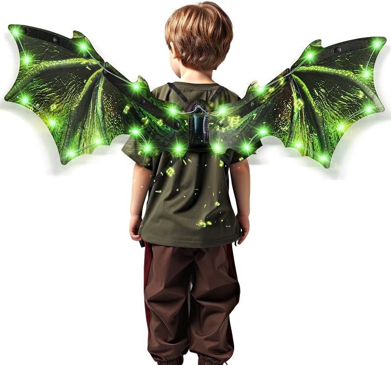 maysida Electric Dragon Wings, Kids Dinosaur Costume Wings with LED Light & Music, Halloween Dino Dress-Up Costumes for Boys & Girls, Green Dinosaur toys for Kids as Christmas Birthday Party Gifts