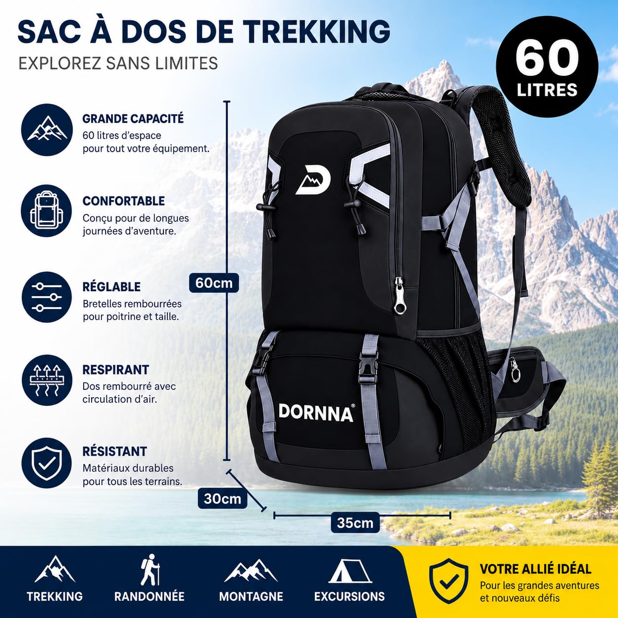 Sac a Dos Randonnee 60L Imperméable, Sac Randonnée, Voyage Léger, Sac de Voyage Cabine Pliable, Sac a Dos Homme Montagne Trekking, Kit Survie Guerre.