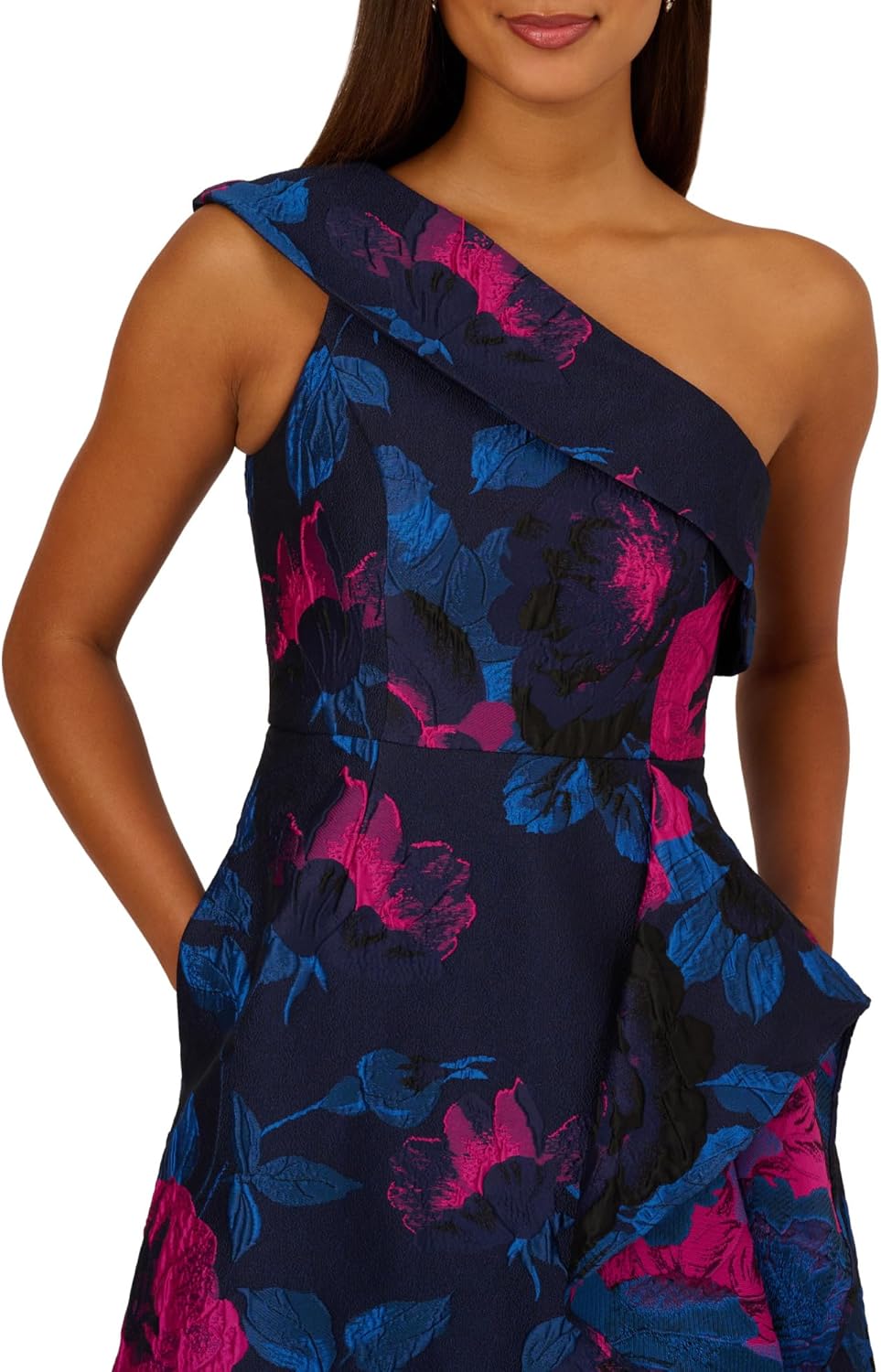 Adrianna Papell One Shoulder Floral Jacquard A Line Gown - Image 4