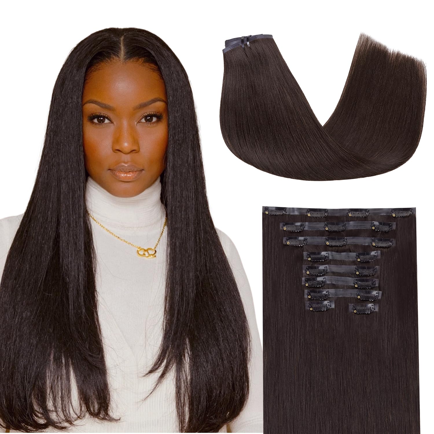 Lashey Seamless Clip in Hair Extensions Human Hair 130g 9pcs #2 Dark Brown 16 Inch Light Yaki Straight Clip in Hair Extensions Real Human Hair with