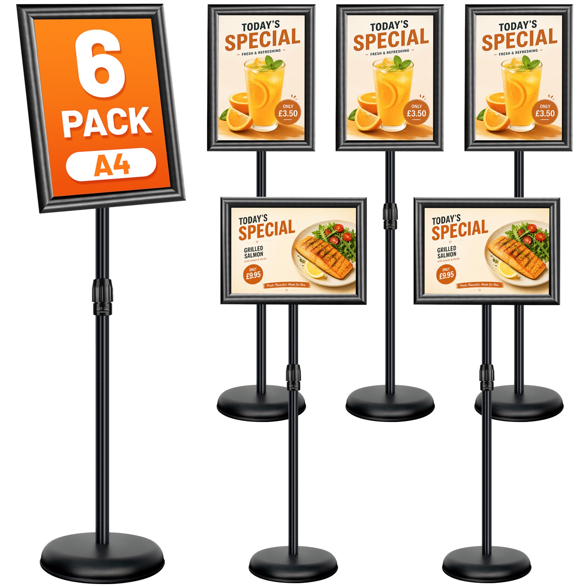 VAIIGO 6Pack Sign Stand A4 Poster Display Stand, Adjustable Aluminum Sign Holder Menu Floor Standing with Snap-Open Frame, Advertising Signage Display Board, Black