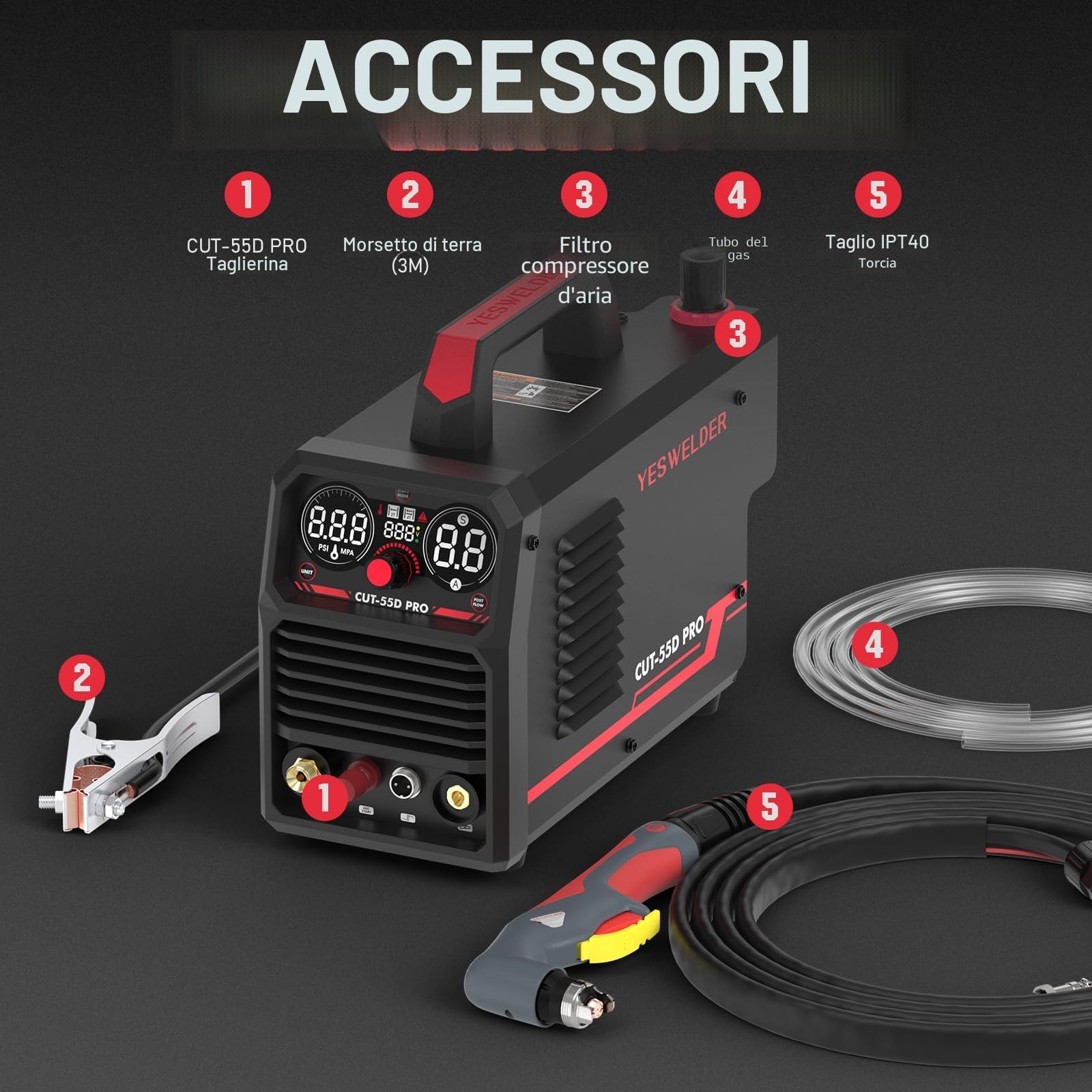 YESWELDER 55Amp Taglio Plasma ad Arco Pilota senza Contatto Non-HF, Ampio Display Digitale LED, Spessore Massimo di Taglio 20mm, 230V Macchina per Taglierina al Plasma