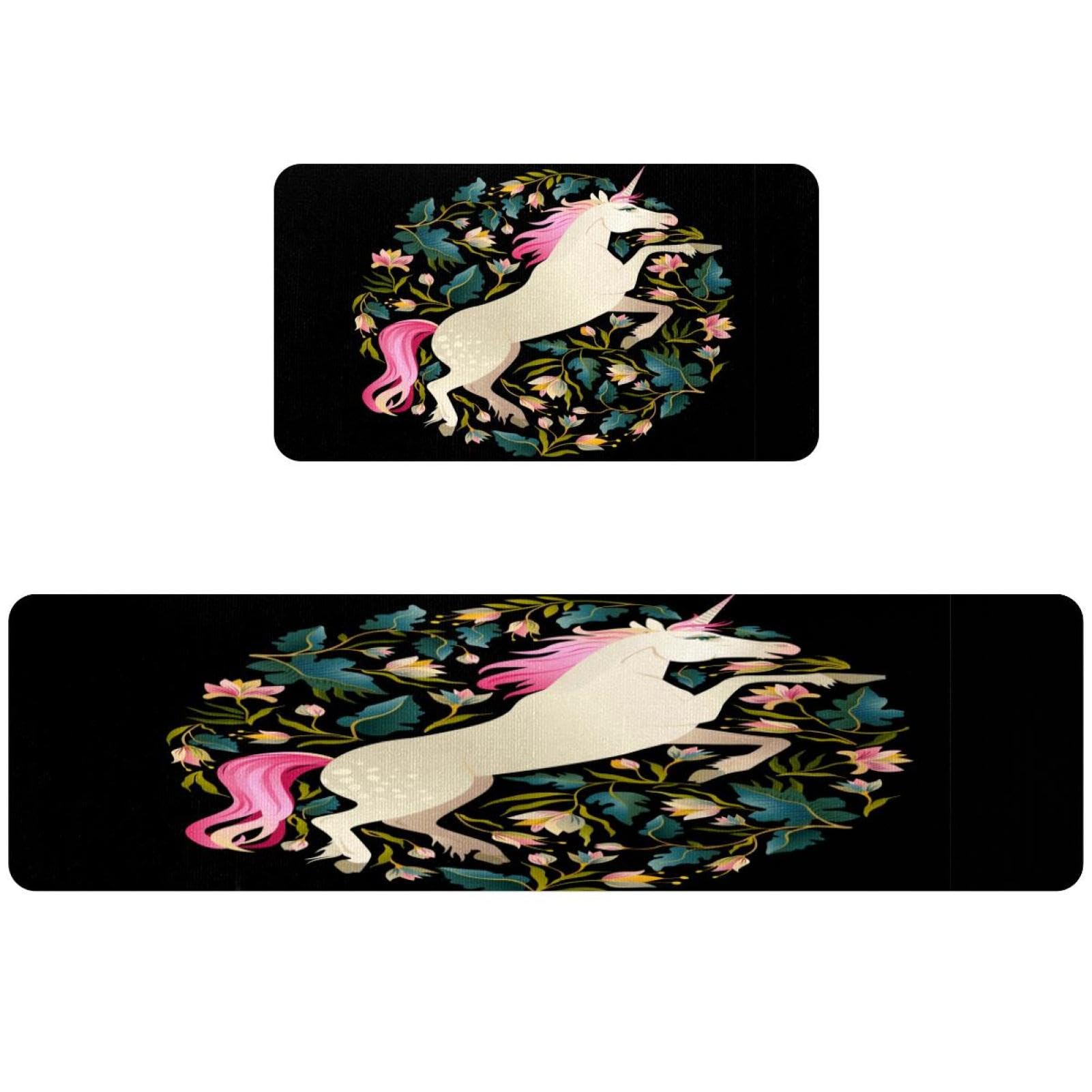 Tapete de cocina de unicornio y hojas florales antideslizante de 2 piezas