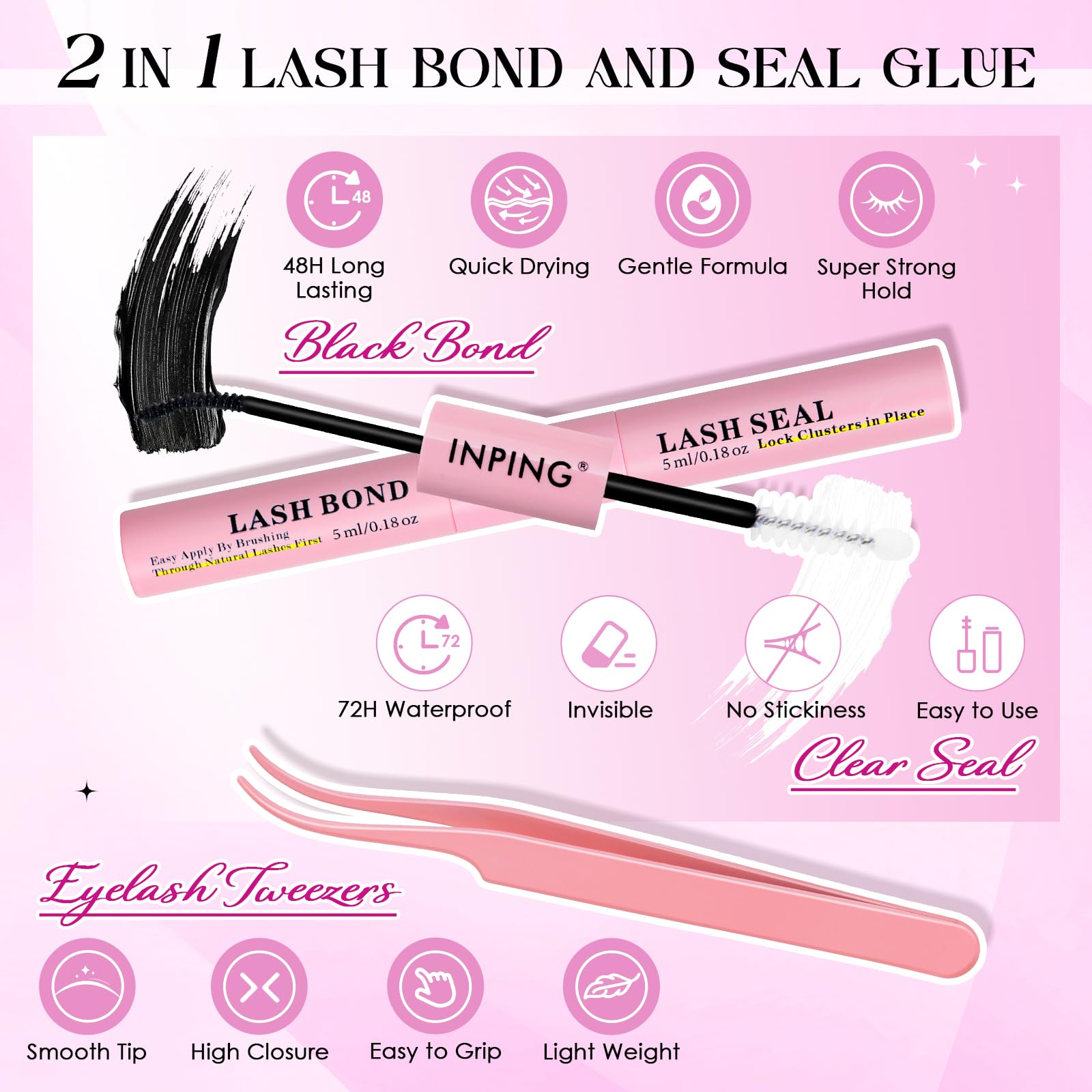 INPING Sztuczne rzęsy, 4 MIX objętość Wispy rzęsy do włosów, 8-16mm | 230 szt., przedłużanie rzęs C Curl, Lash Bond i uszczelka, pęseta, klaster Lash dla początkujących DIY w domu